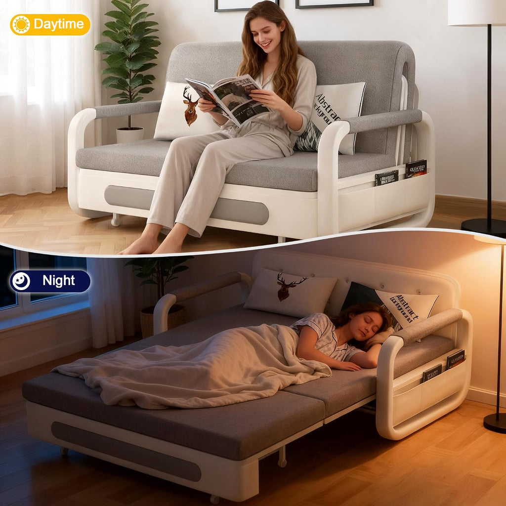 62' Versatile Pull-Out Sofa Bed – Modern Versatile Futon Sleeper Couch, Daybed with Trundle, Perfect for Living Room & RV, Gray/White