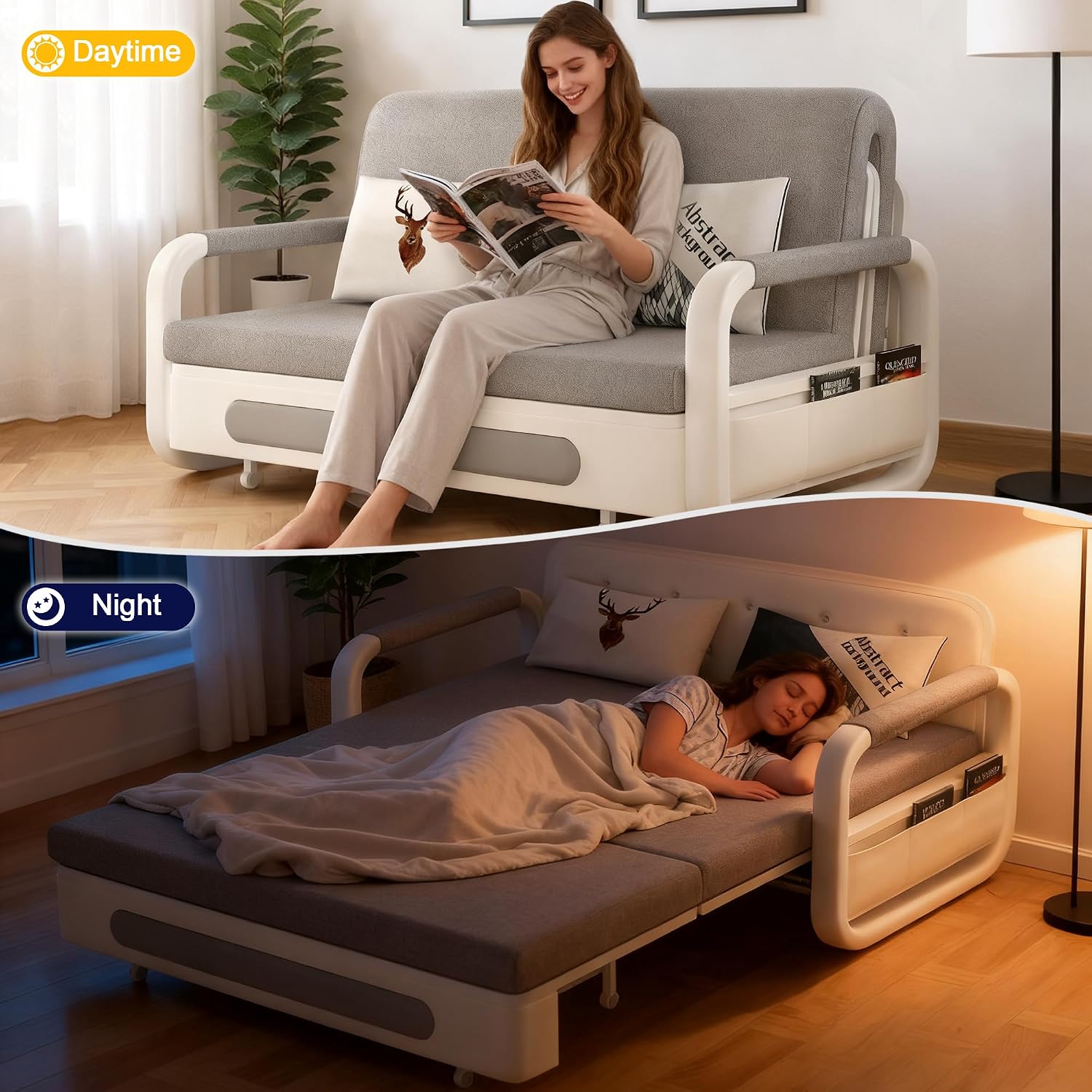 62' Versatile Pull-Out Sofa Bed – Modern Versatile Futon Sleeper Couch, Daybed with Trundle, Perfect for Living Room & RV, Gray/White