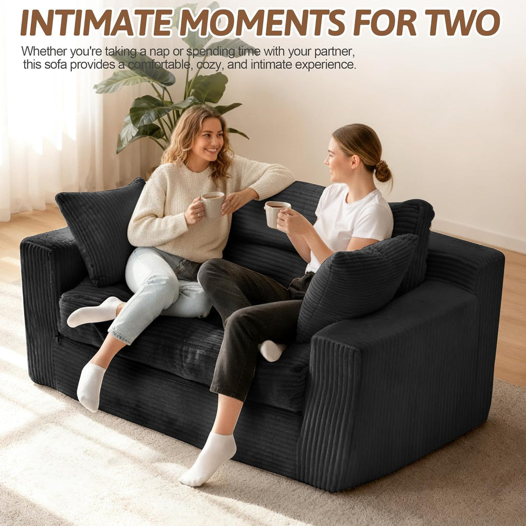 Convertible Sofa Bed, Pull Out Boneless Couch Loveseat Floor Sofa Bed with Pillows, 2-Seater Folding Sofa Loveseat Boneless Couch for Living Room, Bedroom, Apartment, Office (Black)