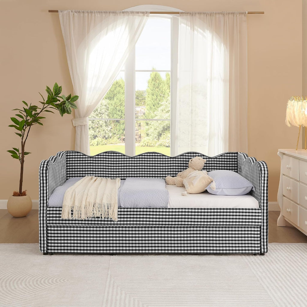 KEIKI Twin Size Upholstery Daybed with Trundle and USB, Twin to King Design Adorable Wave Shaped Extendable Linen Sofa Bed, Easy Assembly, No Box Spring Required, for Living Room and Bedroom, Black