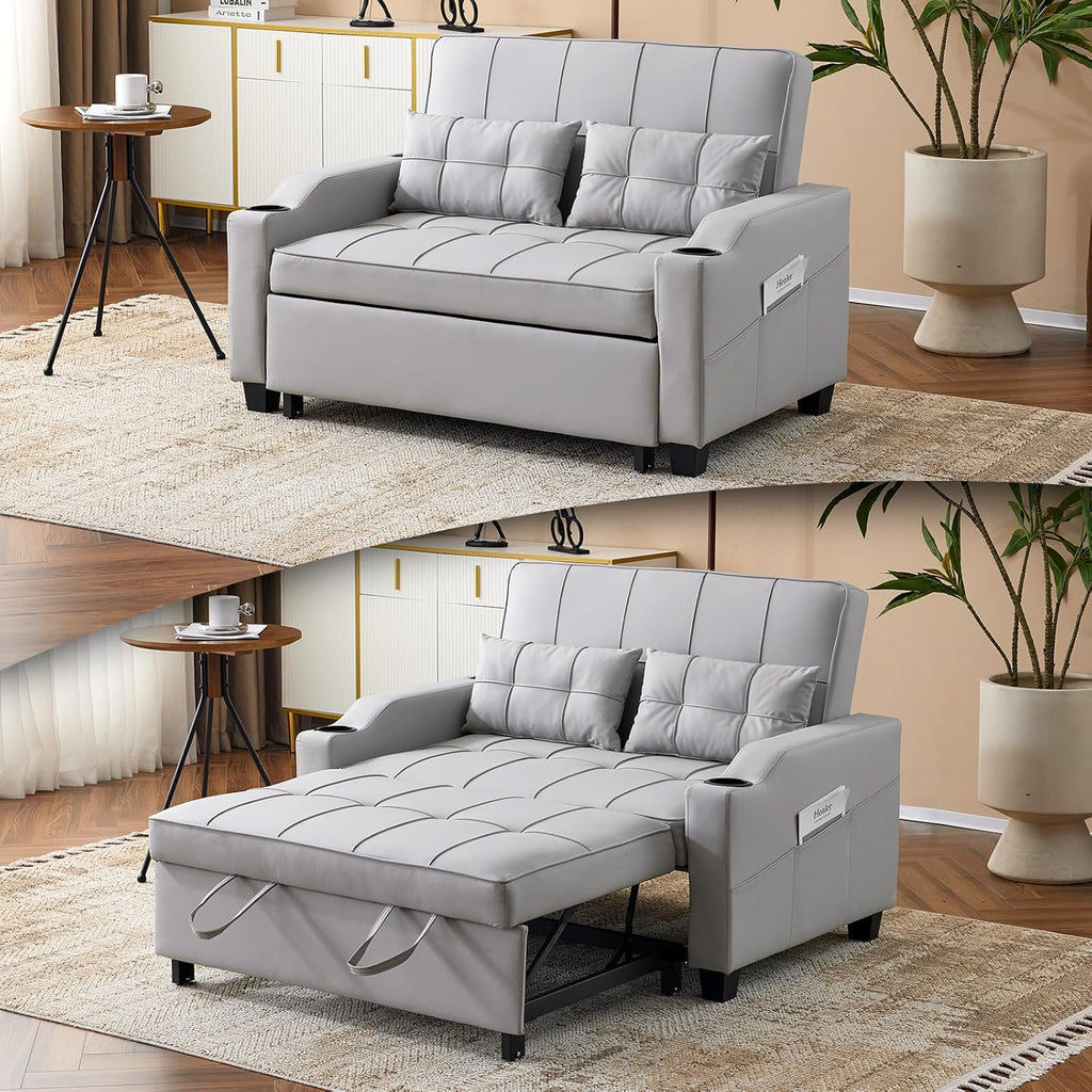 VINGLI Convertible Loveseat Sleeper Sofa, Light Grey Faux Leather Futon Sofa Bed Pullout Couch Bed with USB Ports, Cup Holders, Armrest for Living Room, Bedroom, Home Office Apartment