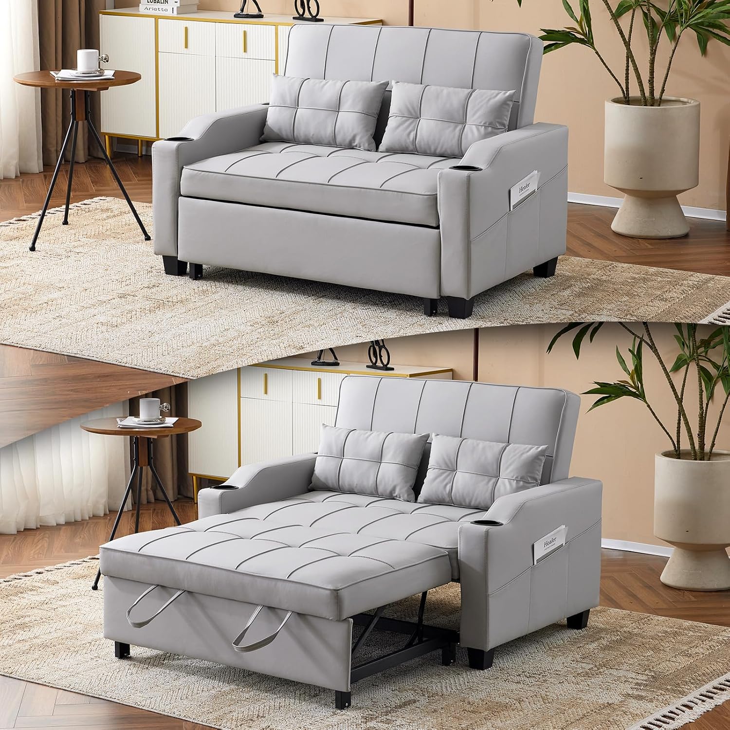 VINGLI Convertible Loveseat Sleeper Sofa, Light Grey Faux Leather Futon Sofa Bed Pullout Couch Bed with USB Ports, Cup Holders, Armrest for Living Room, Bedroom, Home Office Apartment