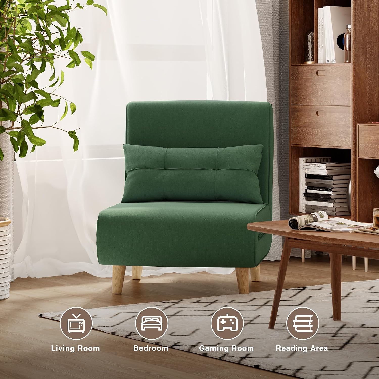 Aiho 3-in-1 Convertible Sleeper Chair Bed，Futon Chair with 6-Level Adjustable Backrest for Apartment, Bedroom, Office，Green