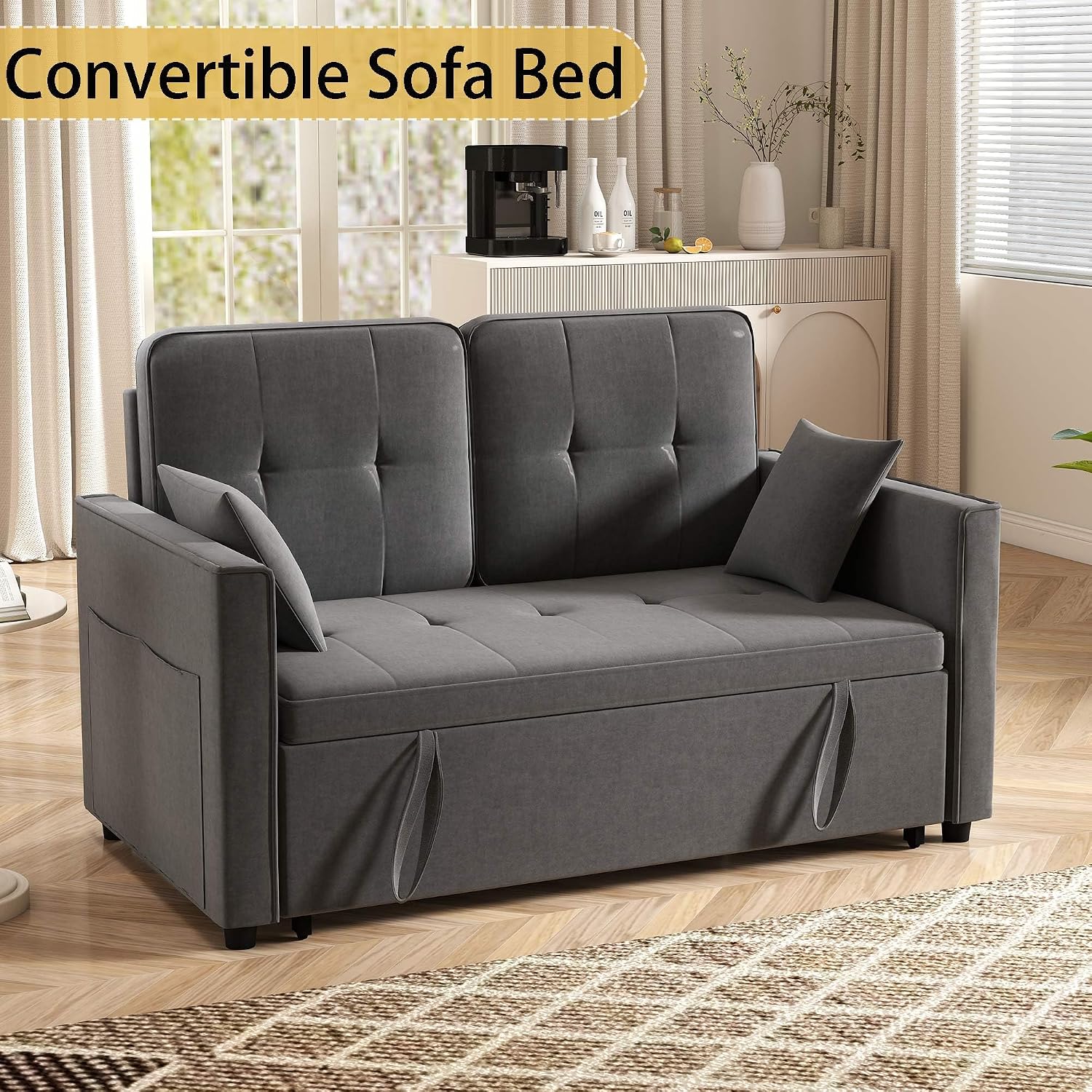 Grey Convertible Sofa Bed: 3 in 1 Sleeper Sofa Couch Bed, Pull Out Couch with Adjustable Backrest, Velvet Convertible Loveseat Sleeper, for Living Room (Grey)