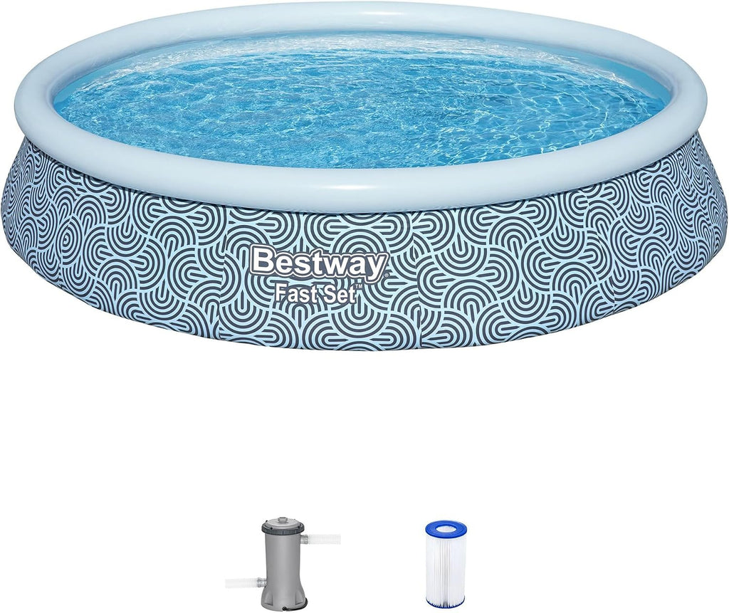 Bestway Fast Set 13' x 33' Round Inflatable Above Ground Swimming Pool Set, Outdoor Family Pool with Filter Pump, Rattan Print