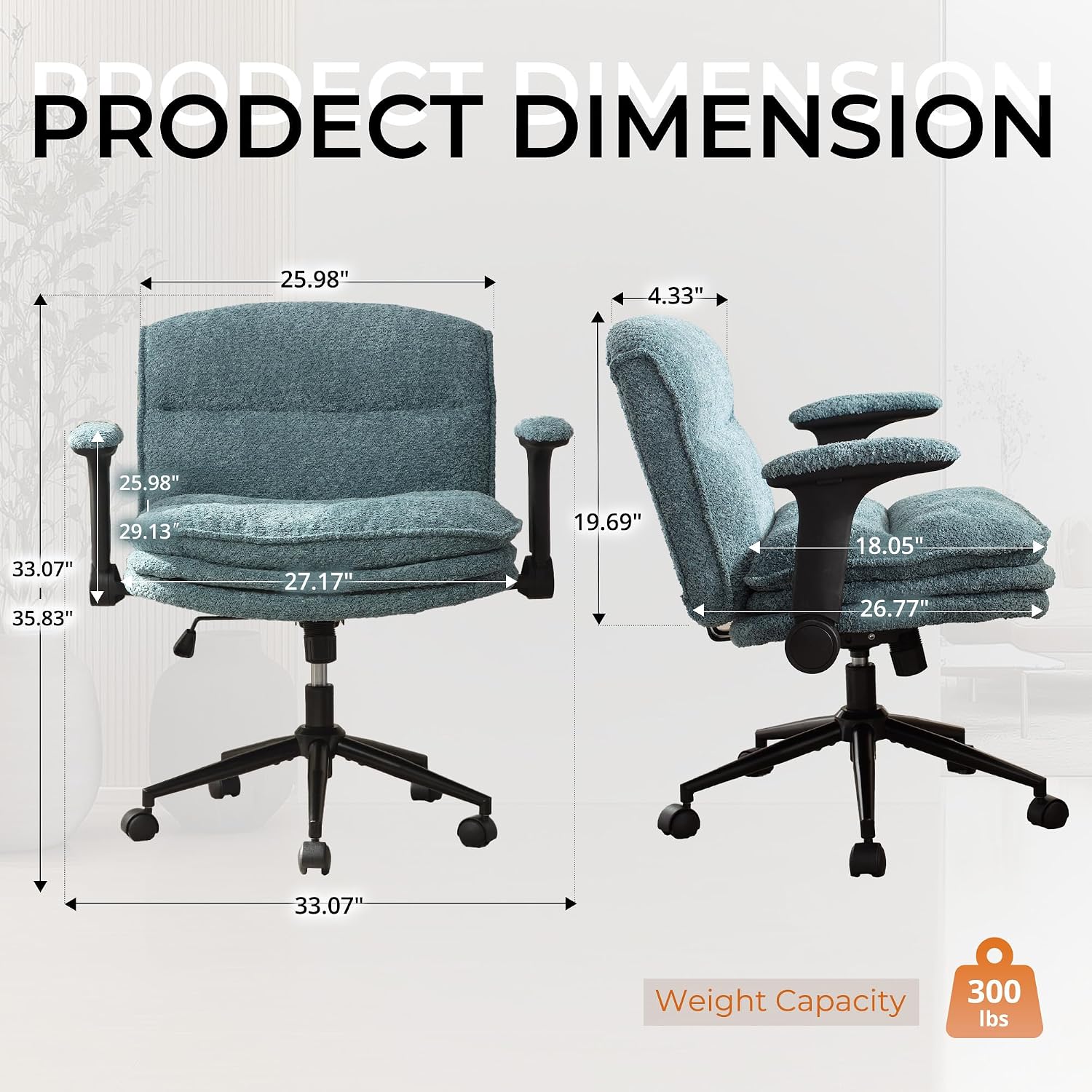 Dowinx Criss Cross Chair with Adjustable Flip-up Arms and Wheels, Comfort Ergonomic Office Desk Armchair with 3 Layer Cushions, Wide Seat Vanity Chair for Home Office, Living Room, Bedroom, Blue