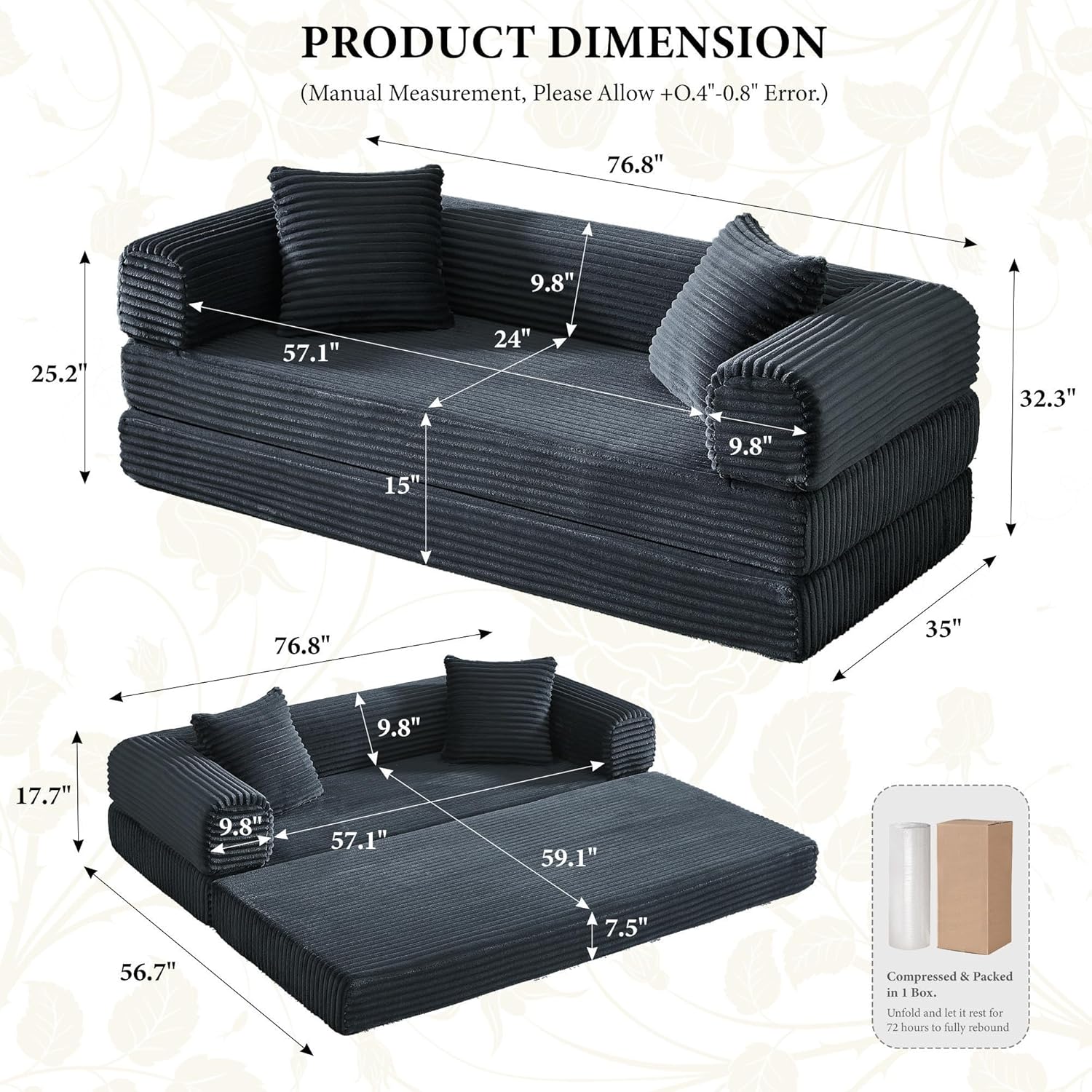 Boneless Couch Futon Sofa Bed Sectional Couches for Living Room,Cloud Couch with Sleeper Sofa,Sofas for Living Room Oversized Corduroy Upholstered (Gray, 76 Inches (No Iron Frame))
