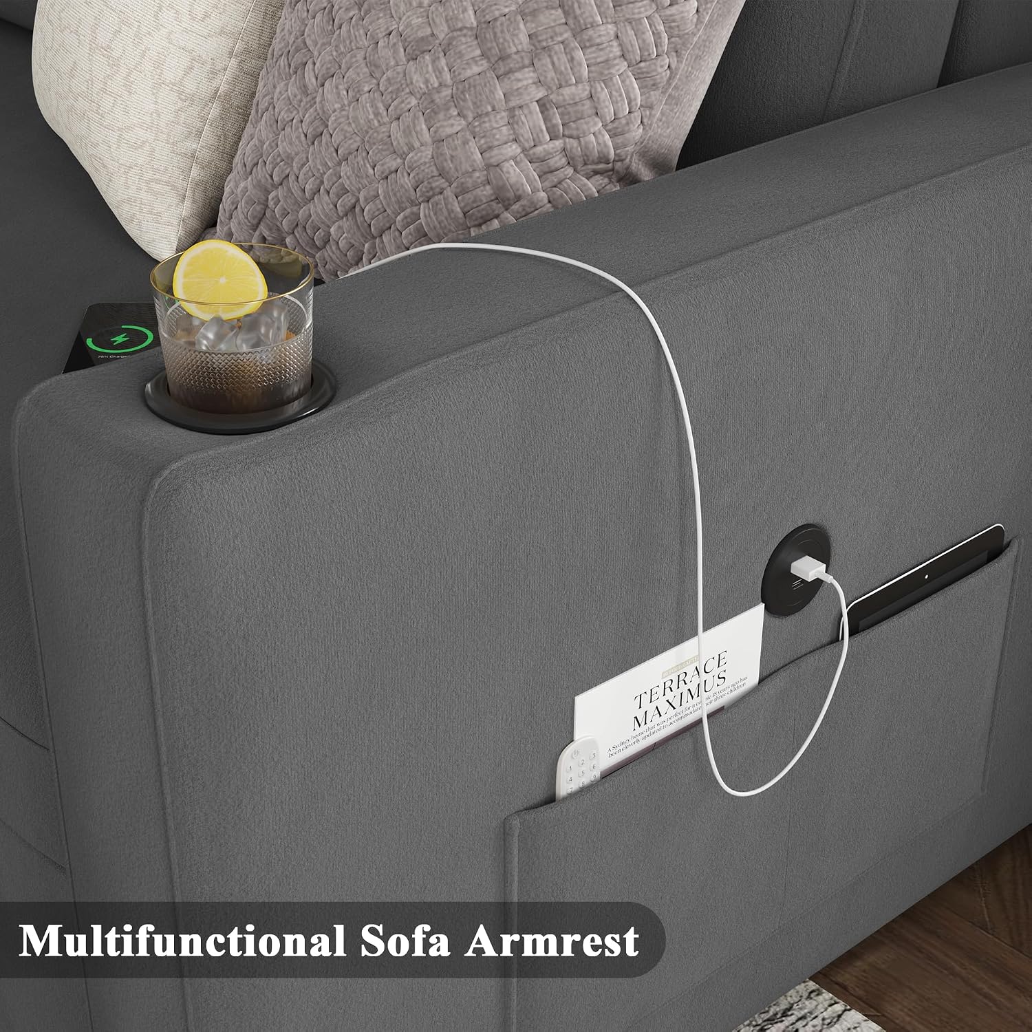 Keyluv 87' Pull Out Sleeper Sofa Bed with Storage Chaise, Reversible 2 in 1 Sectional Sofa Bed with Charging Station and Cup Holder, L-Shaped Sofa Couch for Living Room, Velvet Dark Gray