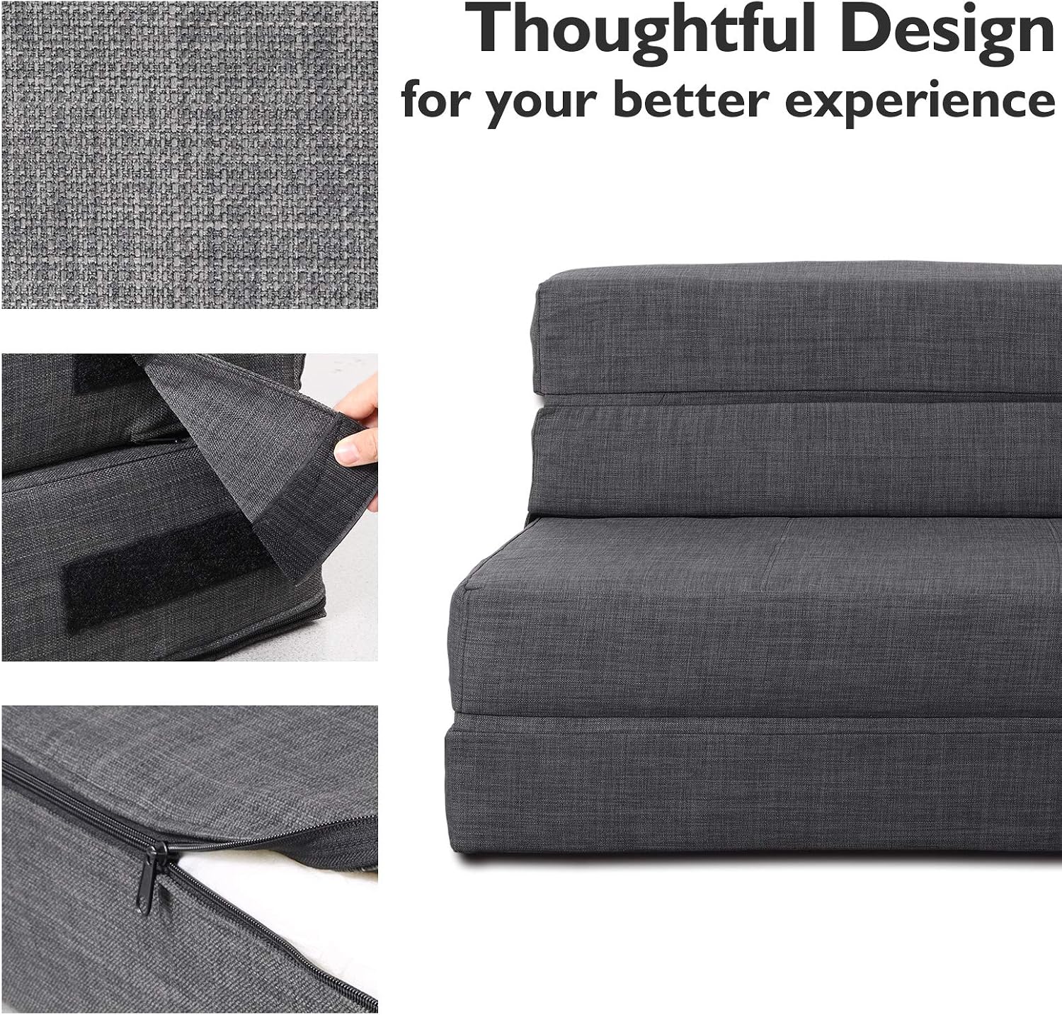ANONER Folding Sleeper Chair Sofa Bed with Pillow, Memory Foam Fold Out Chair Bed and Futon Floor Couch, Twin Size, Dark Gray