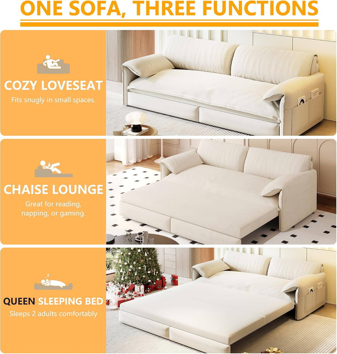 63.8' Sofa Bed Queen Size, Pull Out Couch Bed, 3-in-1 Convertible Sleeper Sofa with Side Pocket, Modern Velvet Futon Couch for Living Room, Small Space, Apartment, Bedroom, Beige