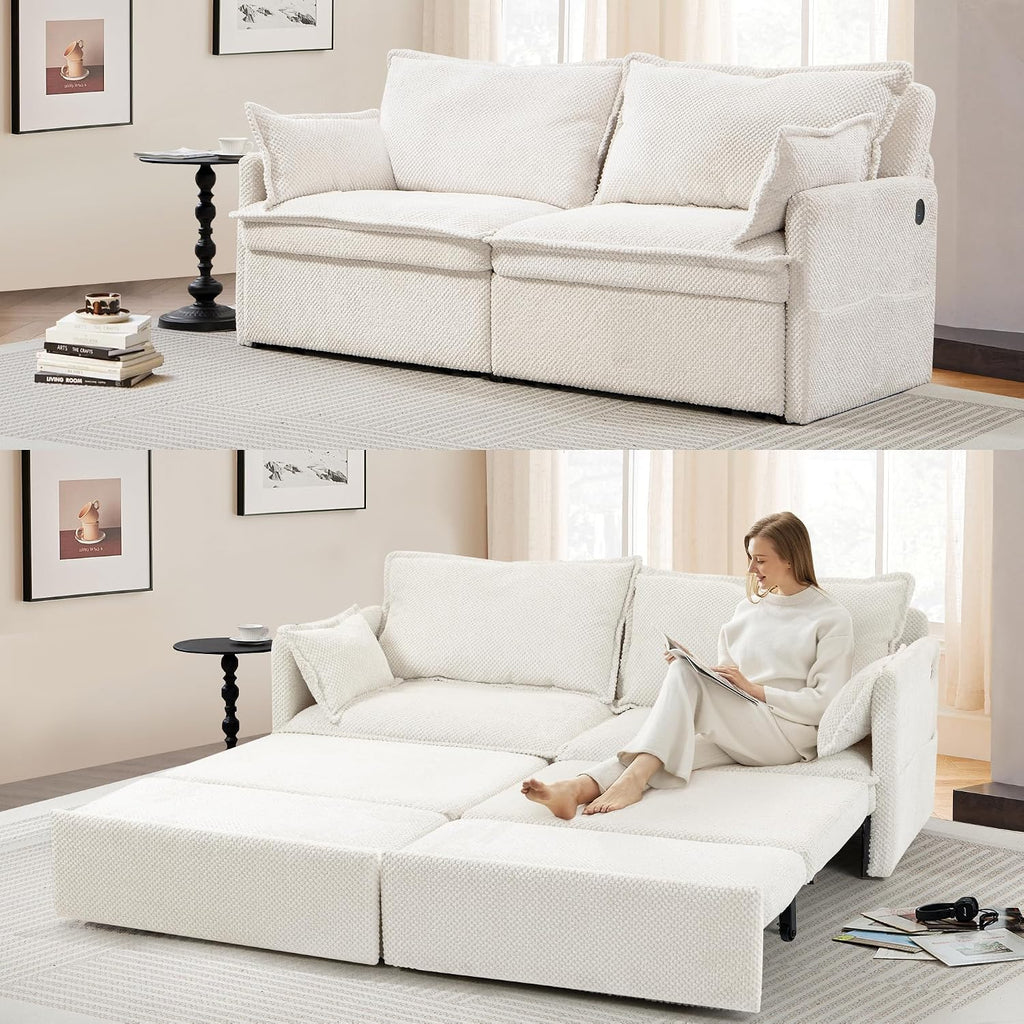 SUNWAVE 74' Pull Out Sofa Bed - Convertible Sleeper Sofa Bed, Corduroy Loveseat Pull Out Couch with USB Charging, Side Pockets for Living Room, Bedroom, Small Spaces (Cream, 74')