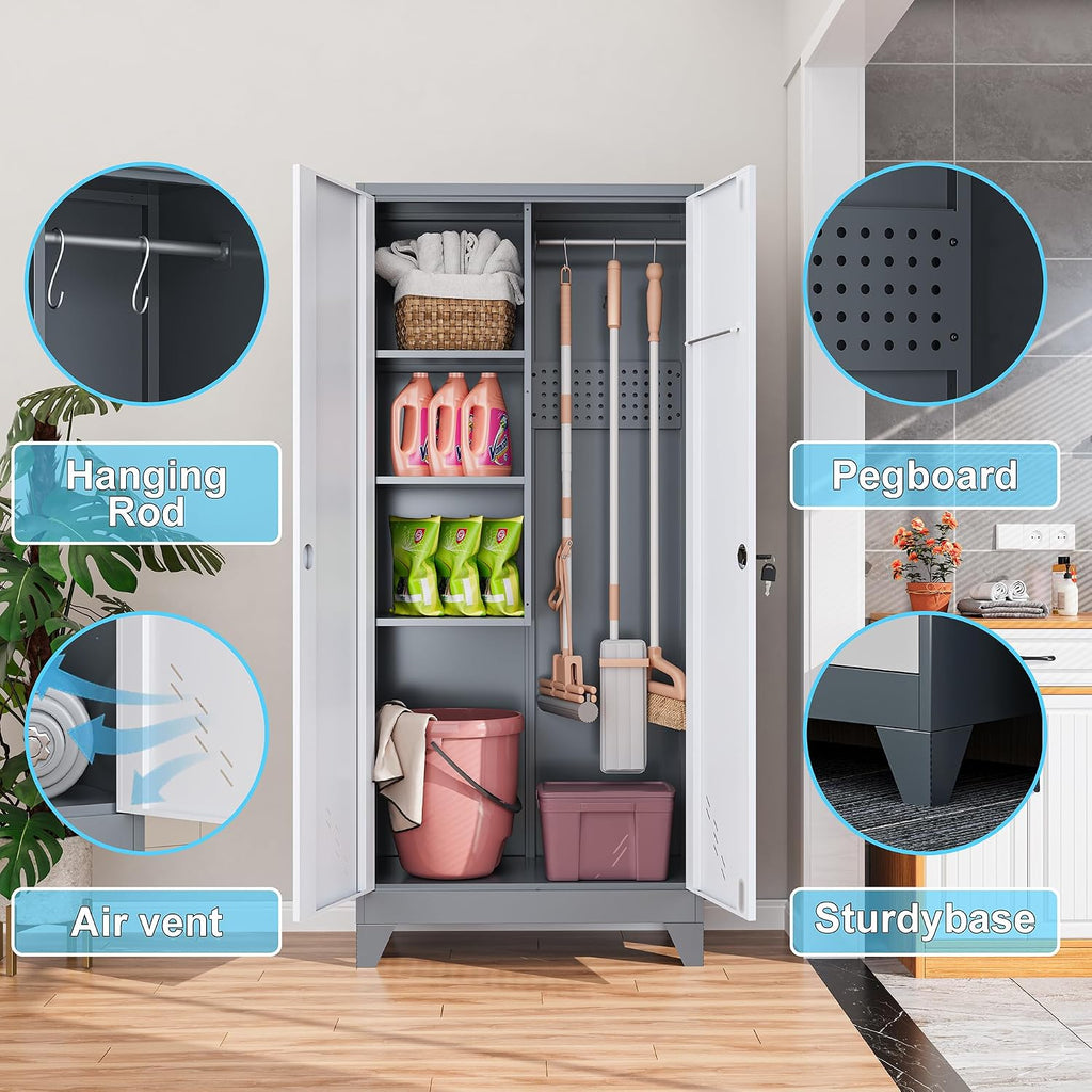 61' Metal Storage Cabinet with Lockable Doors, Cleaning Supply Cabinet with Pegboard and Hanging Rod. Garage Tool Storage Cabinets for Home, Laundry, Office, Home Kitchen Utility Cabinet