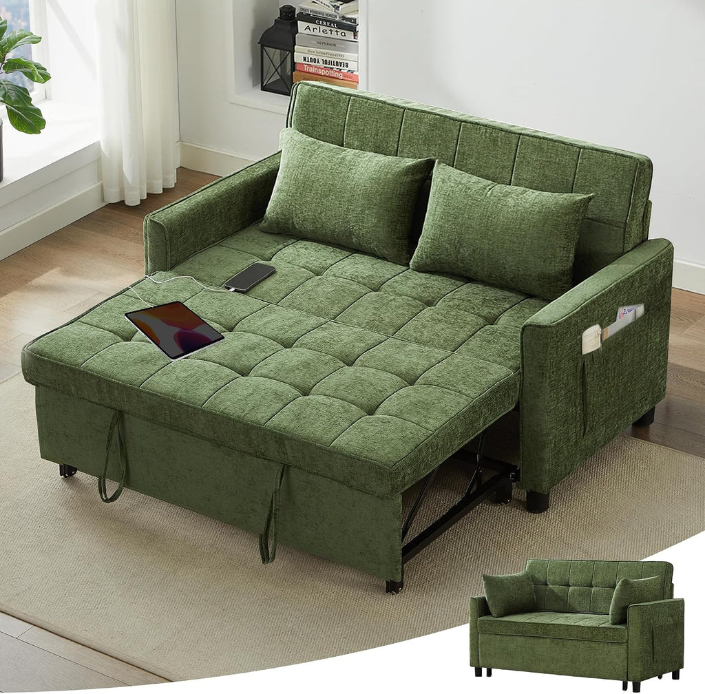 Tbfit 57' Loveseat Sleeper Convertible Sofa Bed, Futon Couch with Pullout Bed, USB & Adjustable Backrest, Chenille Queen Size Pull Out Couches for Living Room, Apartment, Office, Dorm, RV, Green