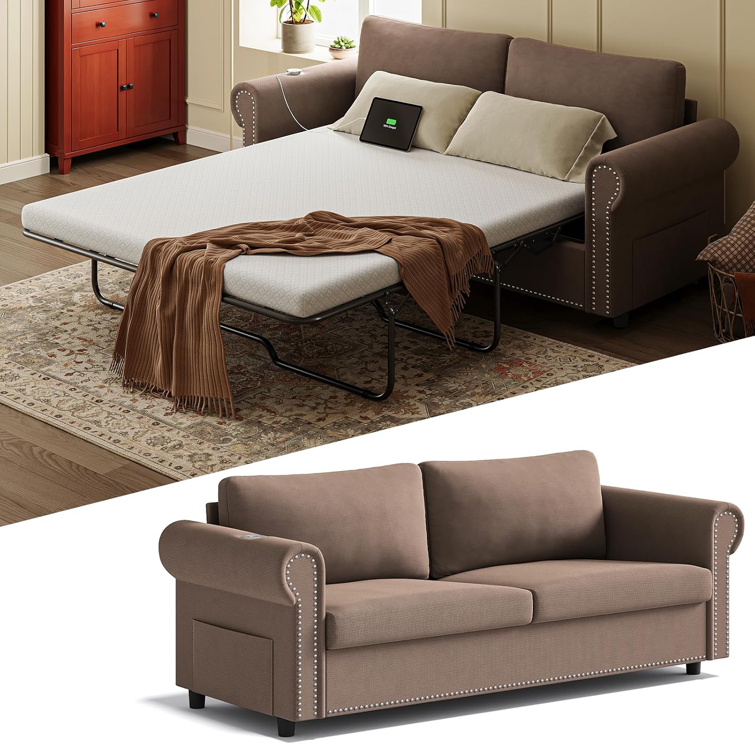 Queen Pull Out Sofa Bed | 83' Large Sleeper Sofa with Queen Size Mattress | 2-in-1 Convertible Loveseat Sofa-Bed with USB Ports Side Pockets Brown