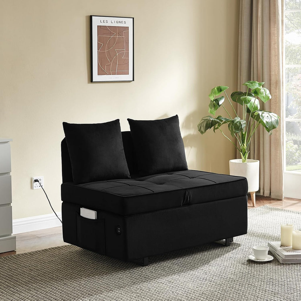 Sofa Bed 4-in-1 Convertible pull out Couch, Velvet Love seat Couch Sleeper Chair Bed with 2 Throw Pillow, Single Recliner with 5 Adjustable Backrests for Living Room Apartment Small Space, Black