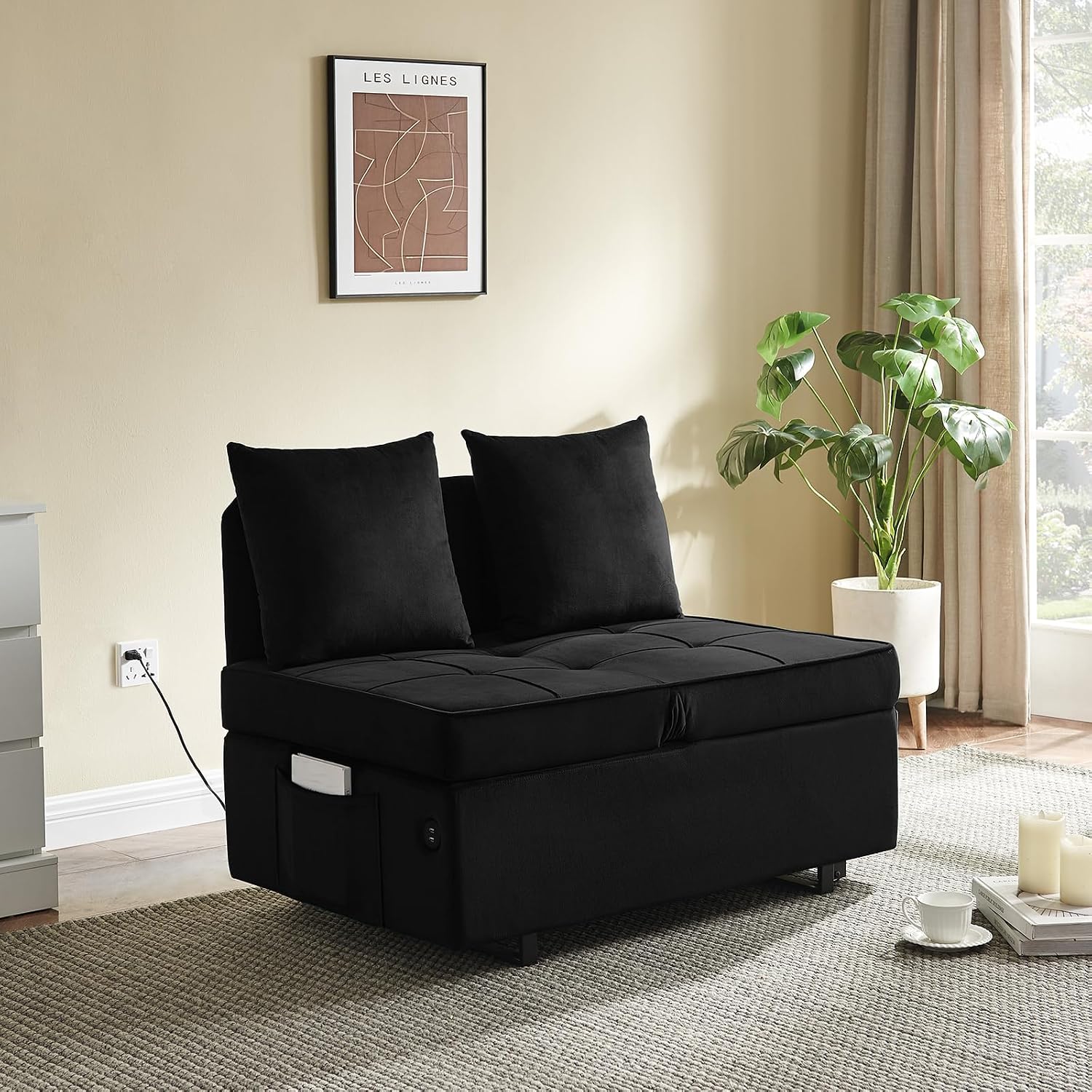 Sofa Bed 4-in-1 Convertible pull out Couch, Velvet Love seat Couch Sleeper Chair Bed with 2 Throw Pillow, Single Recliner with 5 Adjustable Backrests for Living Room Apartment Small Space, Black