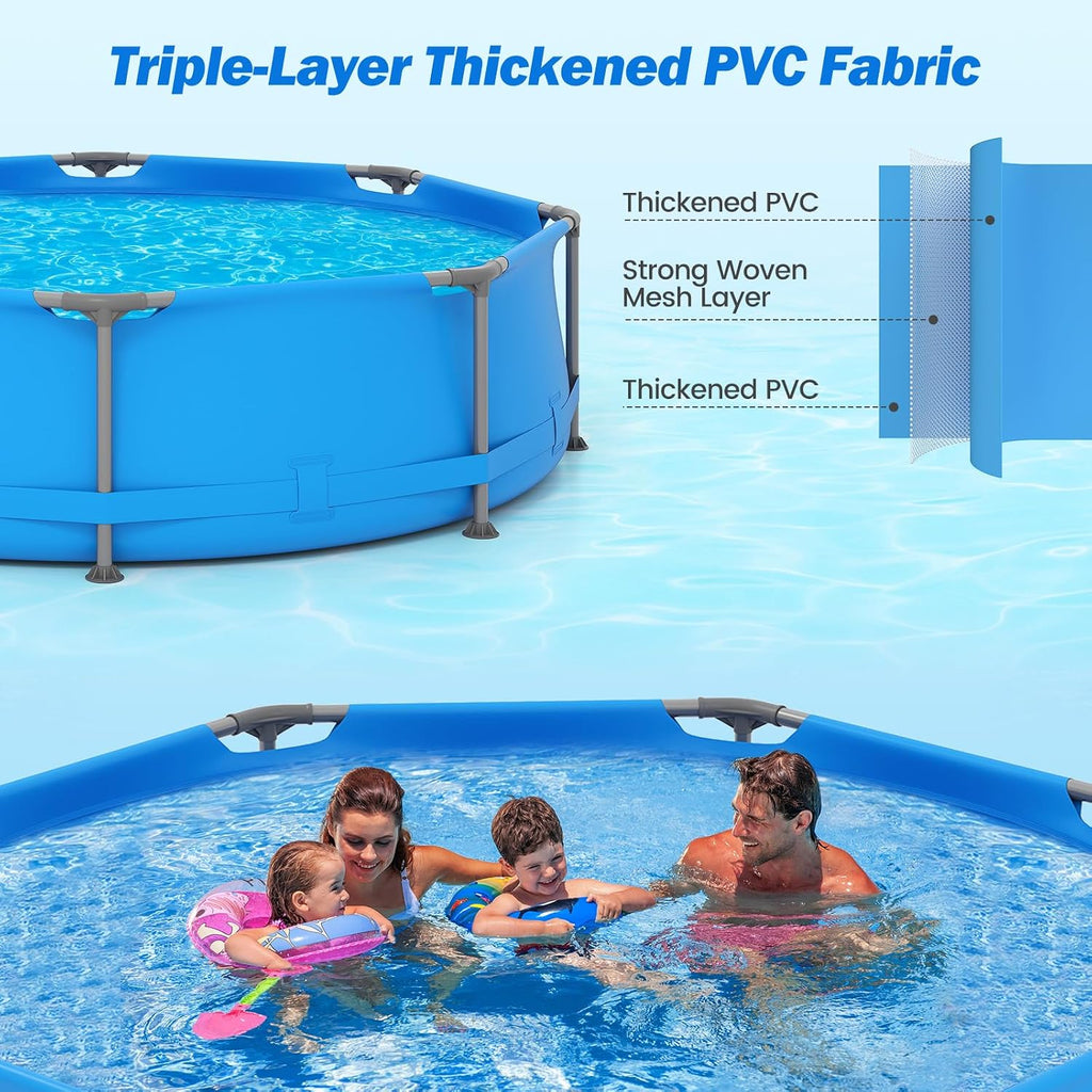 Goplus Above Ground Swimming Pool, 10' x 10' x 30'' Metal Frame Family Pool Set w/PVC Fabric, 3 Stoppers, Drainage Valve Connector, for Outdoor, Backyard, Garden, Patio (10' Round, 1158 Gal, Blue)