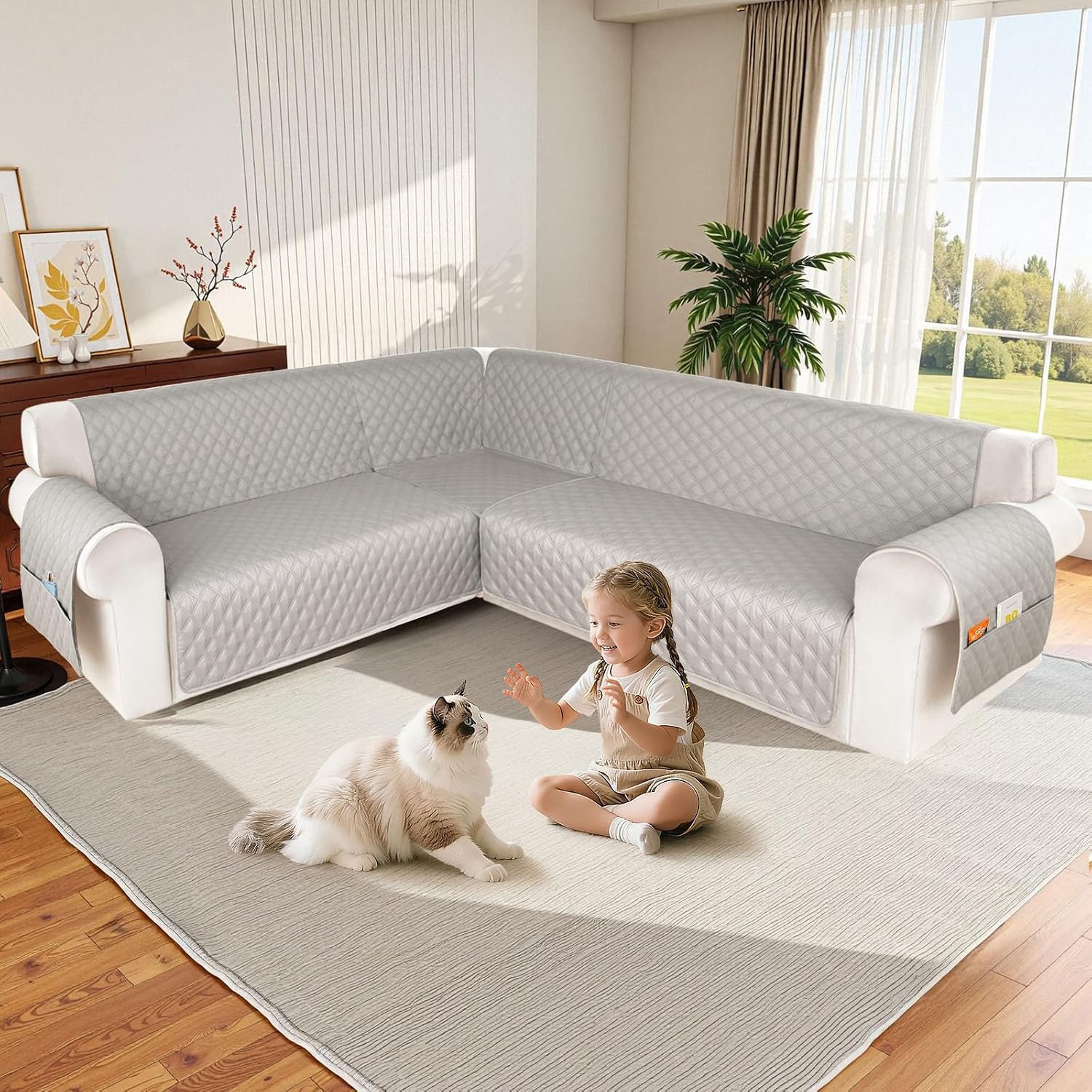 HDCAXKJ Waterproof Sectional Couch Cover L Shaped Sofa Covers Washable Corner Sectional Slipcovers Dog Pet Proof U Shape Furniture Protector with Upgraded Anti Slip Strips (X-Large, Light Grey)