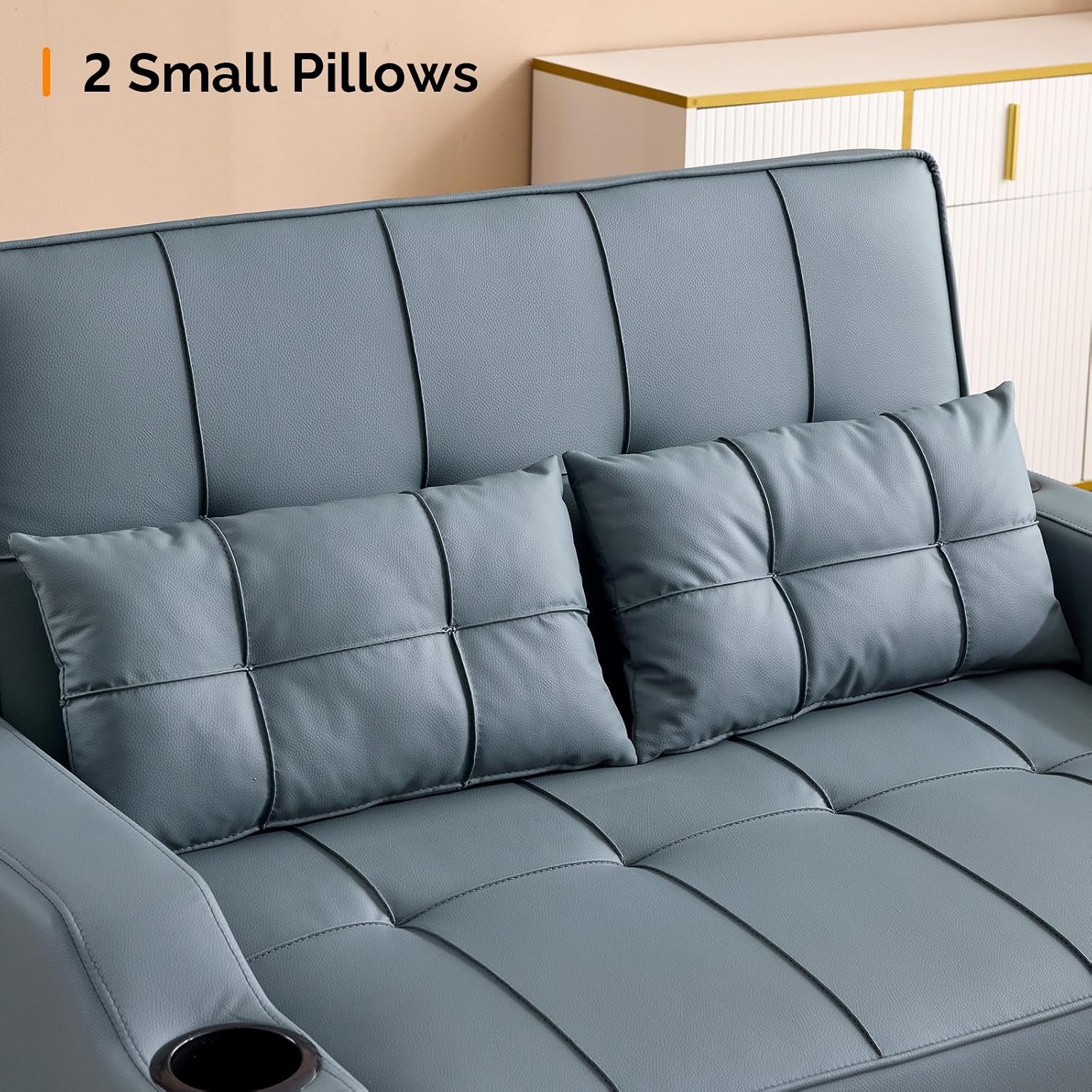 VINGLI Convertible Loveseat Sleeper Sofa, Blue Grey Faux Leather Futon Sofa Bed Pullout Couch Bed with USB Ports, Cup Holders, Armrest for Living Room, Bedroom, Home Office Apartment