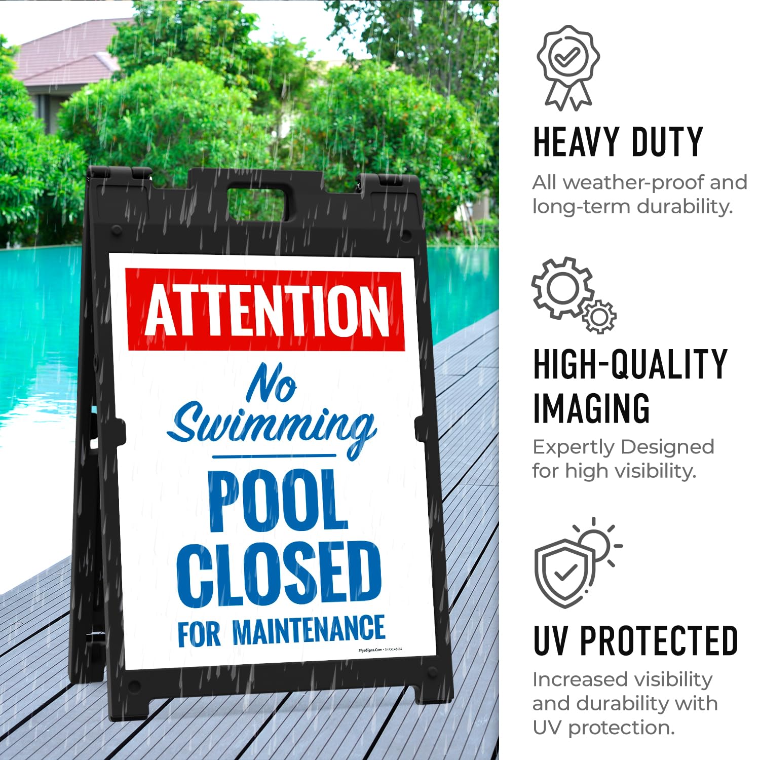 Attention Pool Closed for Maintenance No Swimming Folding Floor Sign, 18x24 Inches, with A Frame Stand, Made in USA by Sigo Signs