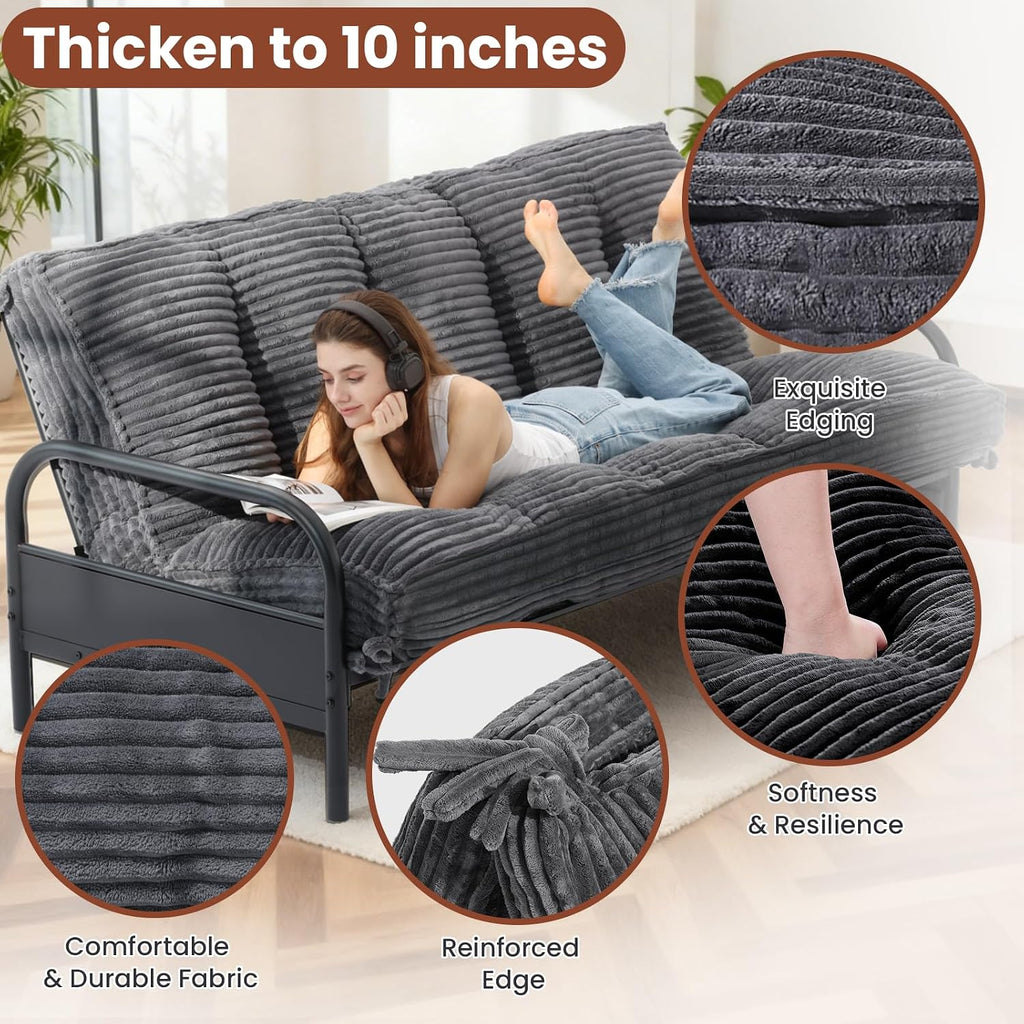 10' Futon Mattress Queen Size,Futons Sofa Couch Bed with Straps, Thick Corduroy Floor Mattress for Adults, Roll Up Folding Mattress Shredded Foam Filling, Medium Firm (Gray, Full)