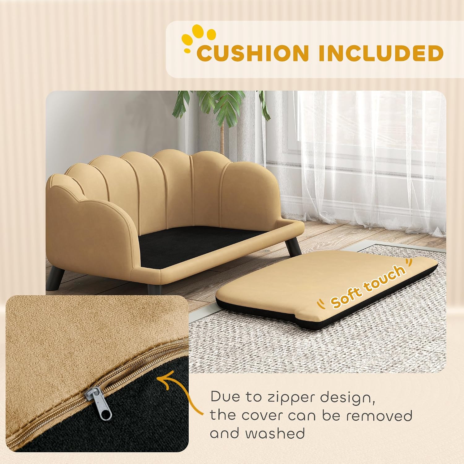 PawHut Velvet Large Dog Couch with Foam Cushion, Soft and Cute Dog Bed with Pearl Design, Pet Sofa for Big and Medium Breeds, Coffee