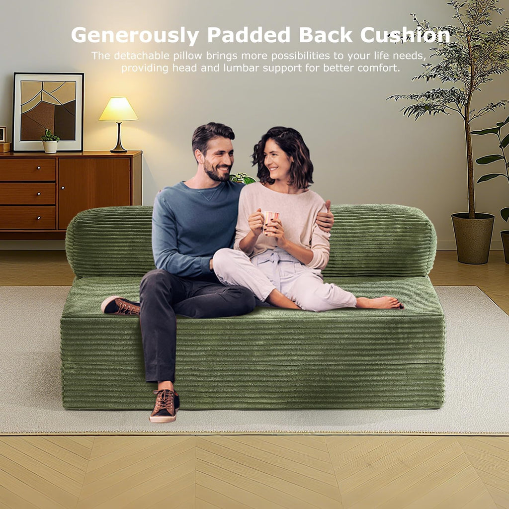 Folding Futon Sofa Bed Full Size, 6 inch Convertible Floor Couch Bed with Removable Corduroy Cover, Pull Out Couch for Small Spaces High-Density Foam,Green
