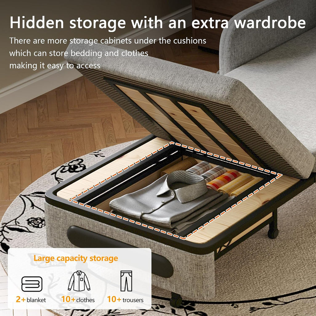 34.6' Small Pull-Out Sofa Bed, Modern Versatile Futon Sleeper Couch, Daybed with Trundle Space-Saving for Living Room, RV, Studio or Guest Room, Gray & White