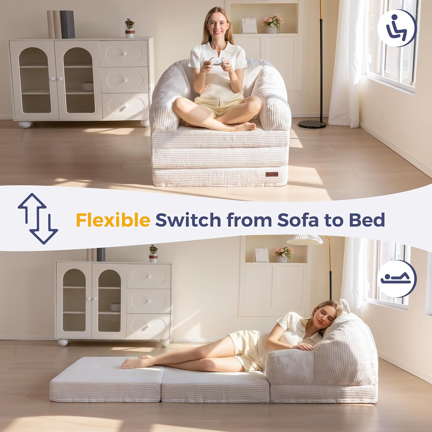 MAXYOYO Folding Sofa Bed with Backrest, Boneless Fold Out Couch Bed with Handle, 2 in 1 Convertible Bean Bag Chair to Floor Sofa Lounger, Comfy Folding Couch for Bedroom & Living Room, Beige