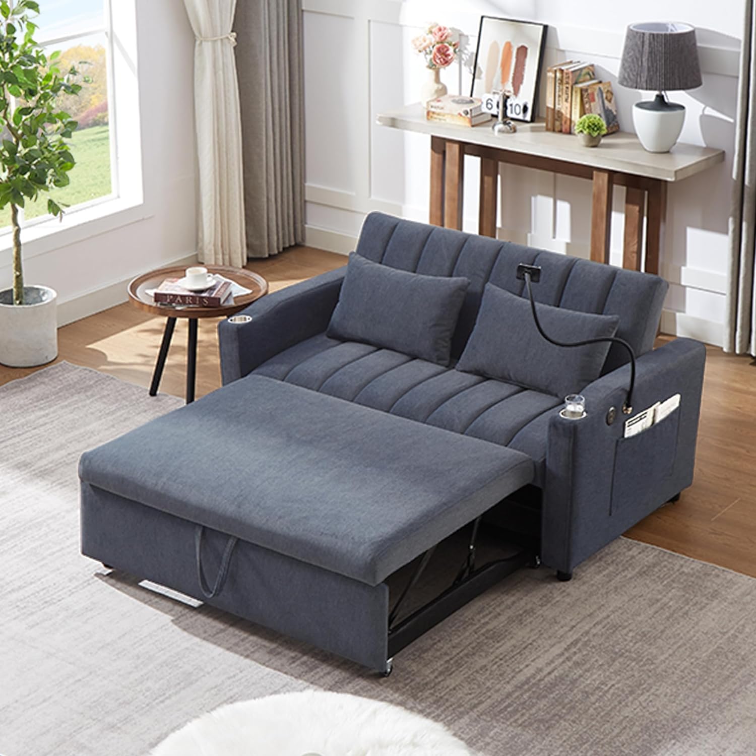 LUMISOL 3-in-1 Convertible Sleeper Sofa Bed, 55.9' Loveseat Pull Out Bed with USB Ports, Cup Holders, Swivel Stand & Storage Pockets, Modern Tufted Sofa Bed with Pillows, Blue Grey