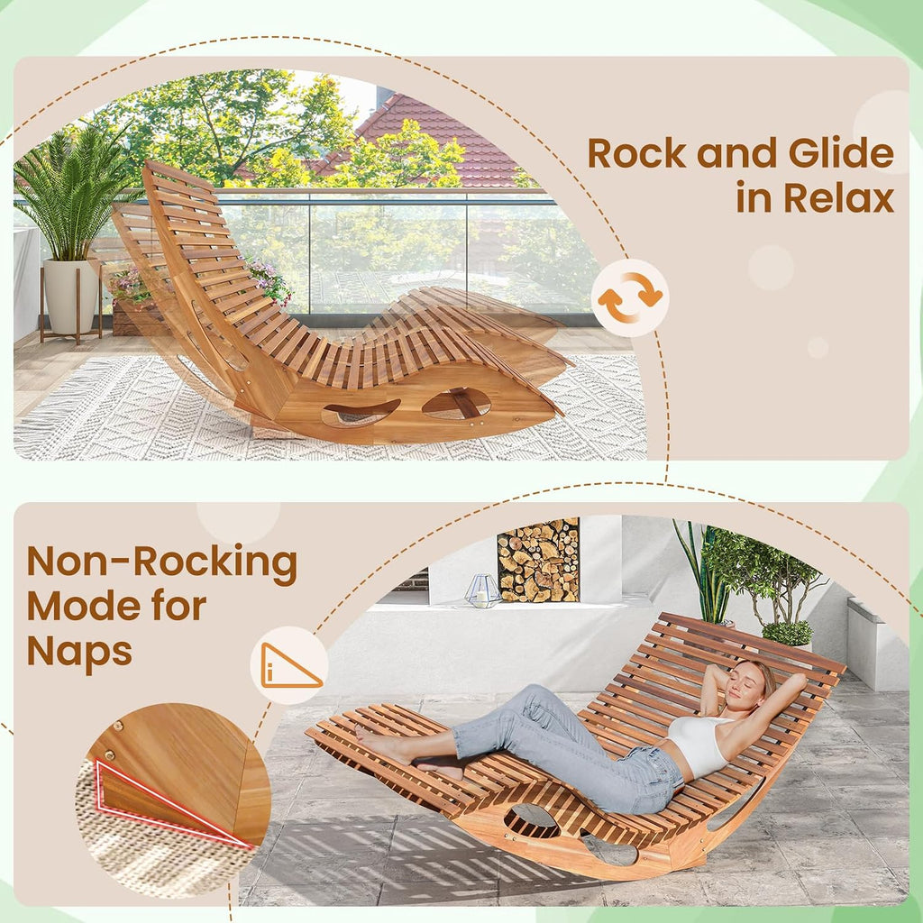 RELAX4LIFE Rocking Double Chaise Lounge, Acacia Wood Sun Bed Lounger w/Slatted Seat, Bottom Stopper, Indoor Outdoor Loveseat Rocker for Pool Patio, 440LBS Capacity, Wooden Rocking Lounge Chair (1)