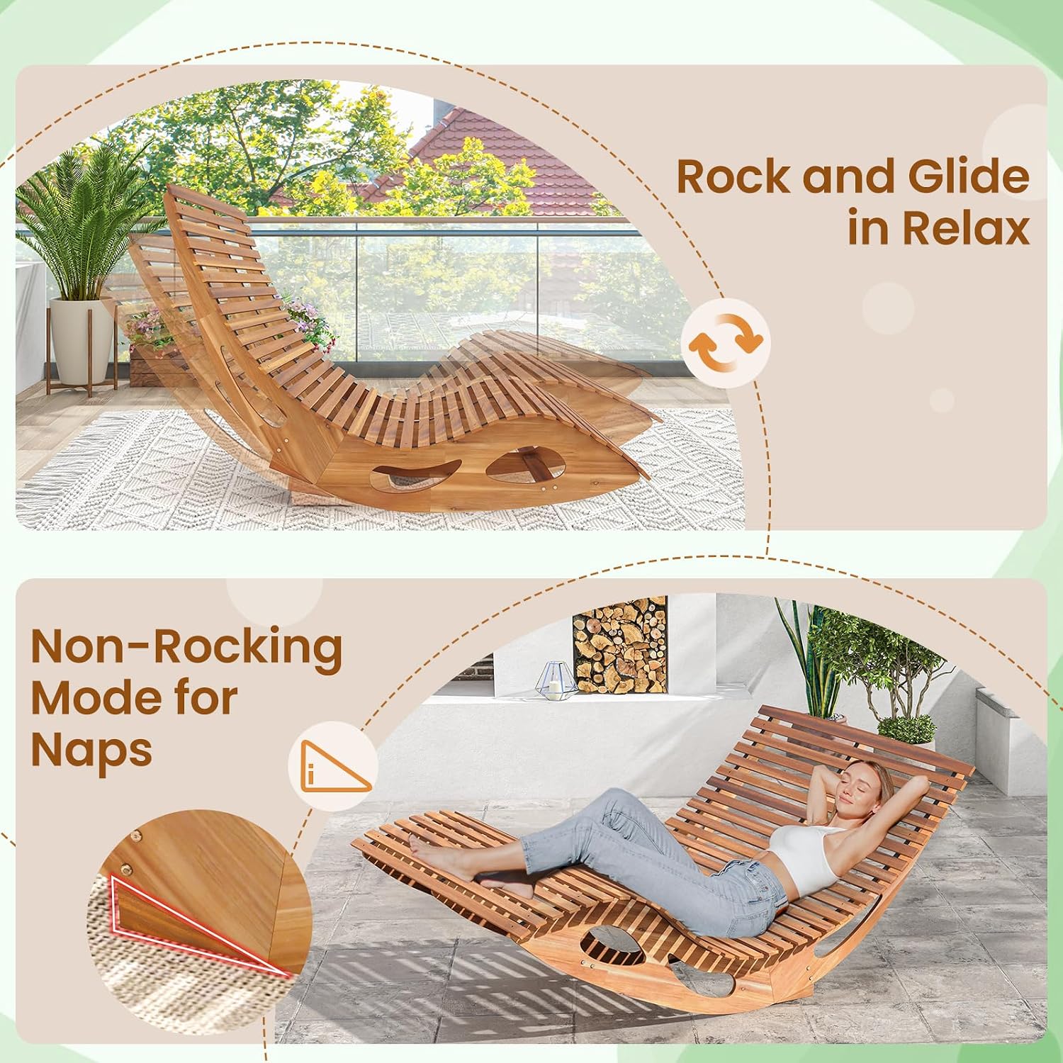 RELAX4LIFE Rocking Double Chaise Lounge, Acacia Wood Sun Bed Lounger w/Slatted Seat, Bottom Stopper, Indoor Outdoor Loveseat Rocker for Pool Patio, 440LBS Capacity, Wooden Rocking Lounge Chair (1)