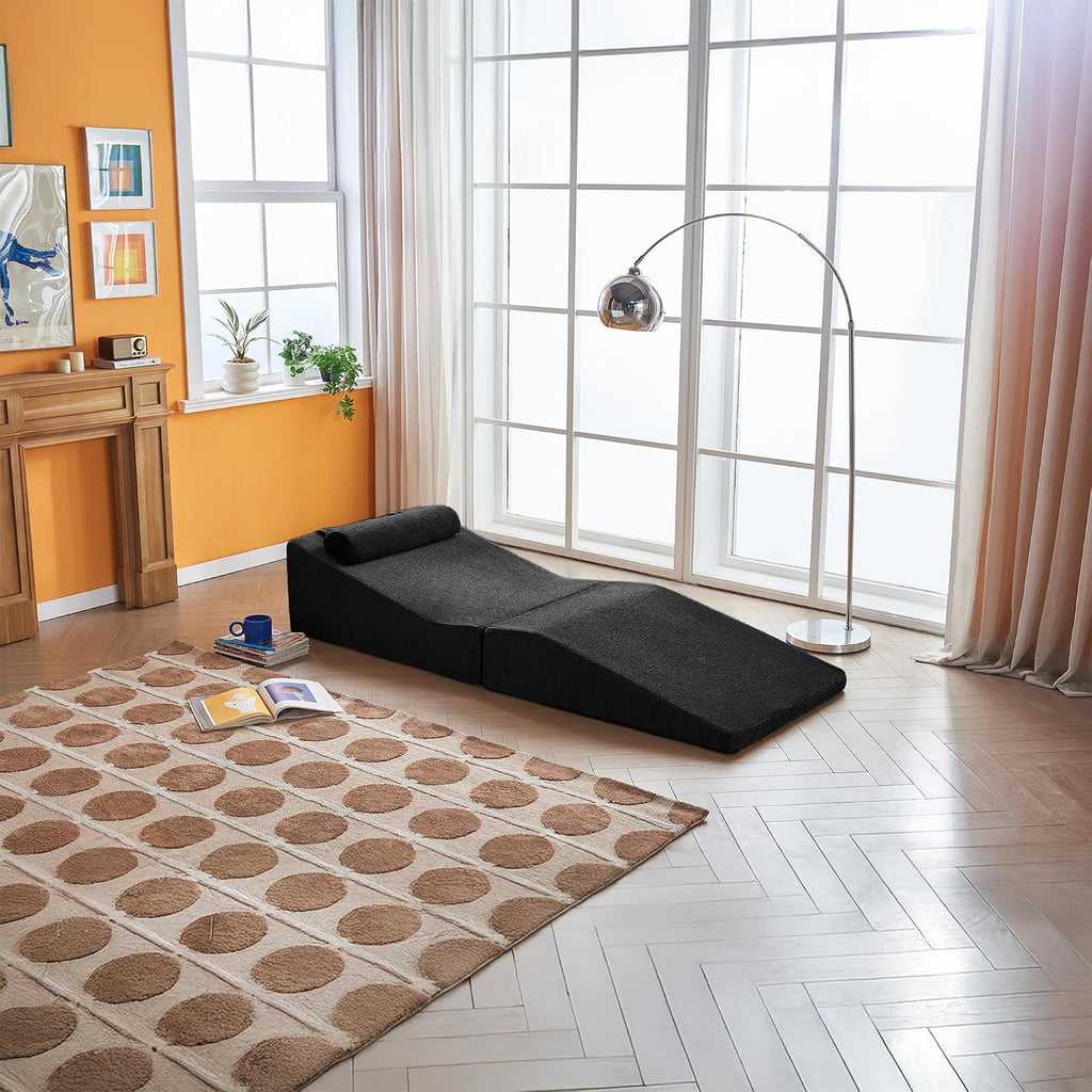 GDFStudio Rue Velvet Foldable Sofa Bed, Convertible Sleeper Chair with Pillow, Foldable Mattress with Back Support, Portable Lounge Sofa for Living Room/Bedroom, No Assembly Needed, Black