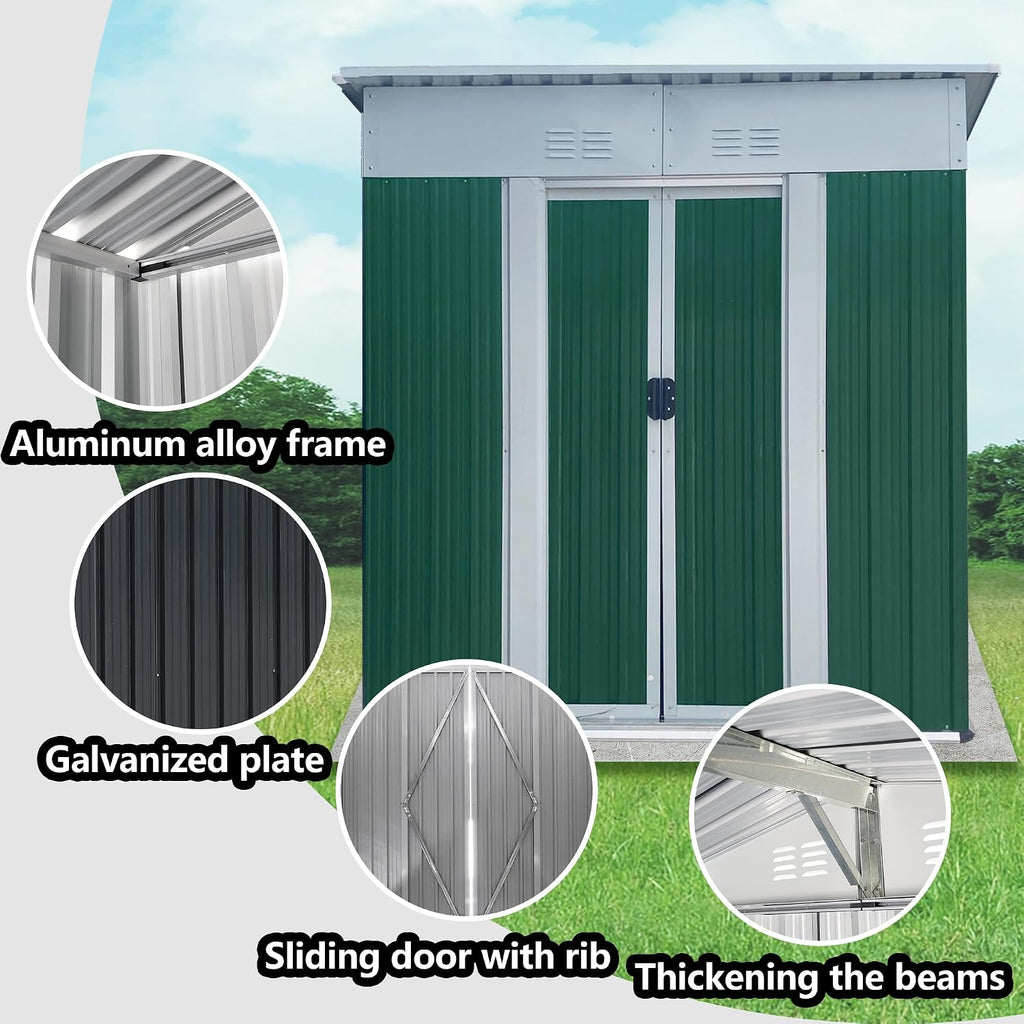 5FT x 3FT Metal Storage Shed – Green Outdoor Lean-to Shed, Galvanized Steel & Aluminum Alloy, Lockable Sliding Door for Garden Tools, Pet House, Pool Toys & More