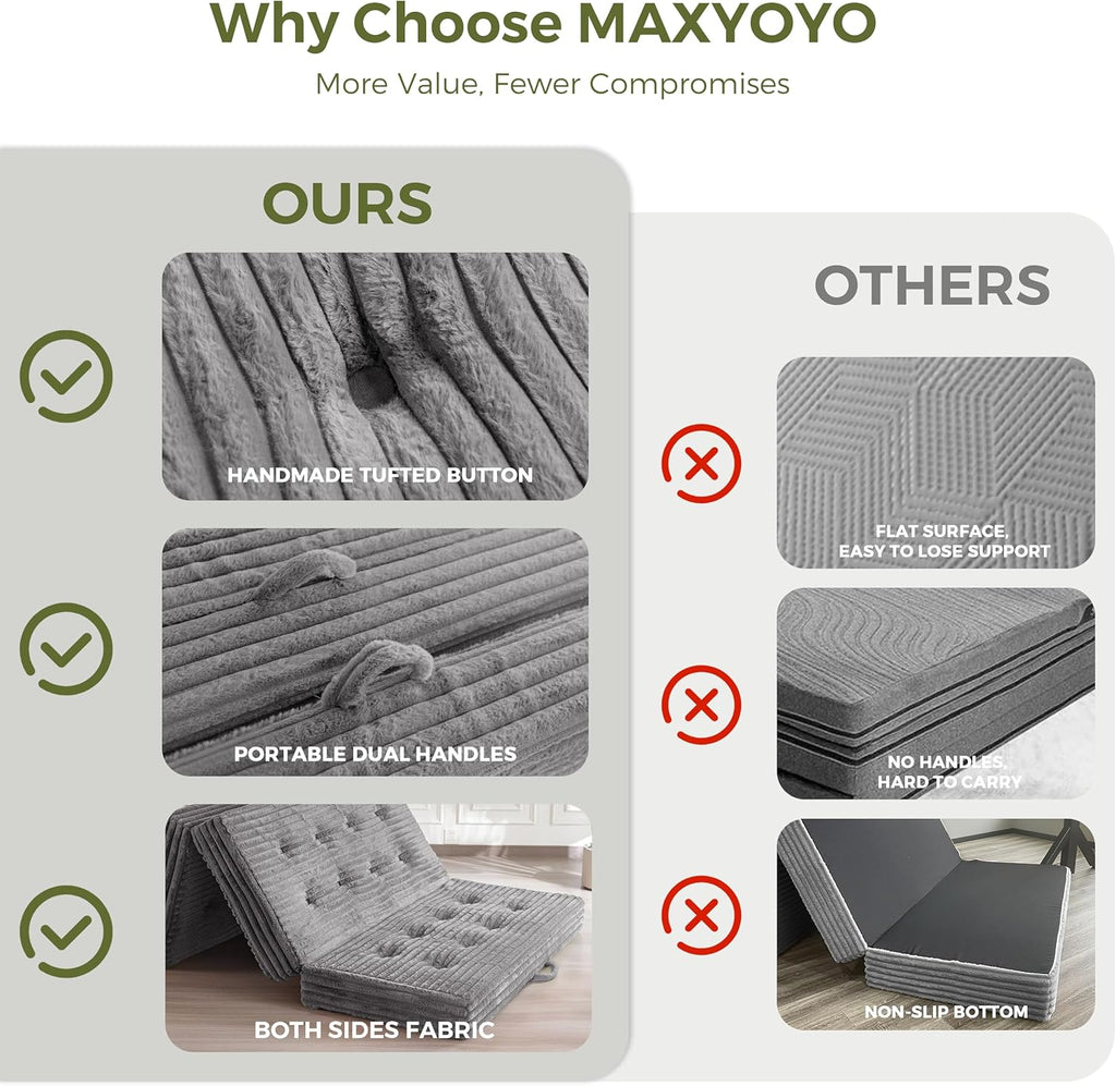 MAXYOYO Folding Sofa Couch Bed, 6 Inch Tri-Fold Floor Sofa Bed, Folding Mattress with Handles, Soft Faux Fur Folding Bed with Supportive Foam Filling, Portable Couch for Living Room, Twin, Grey