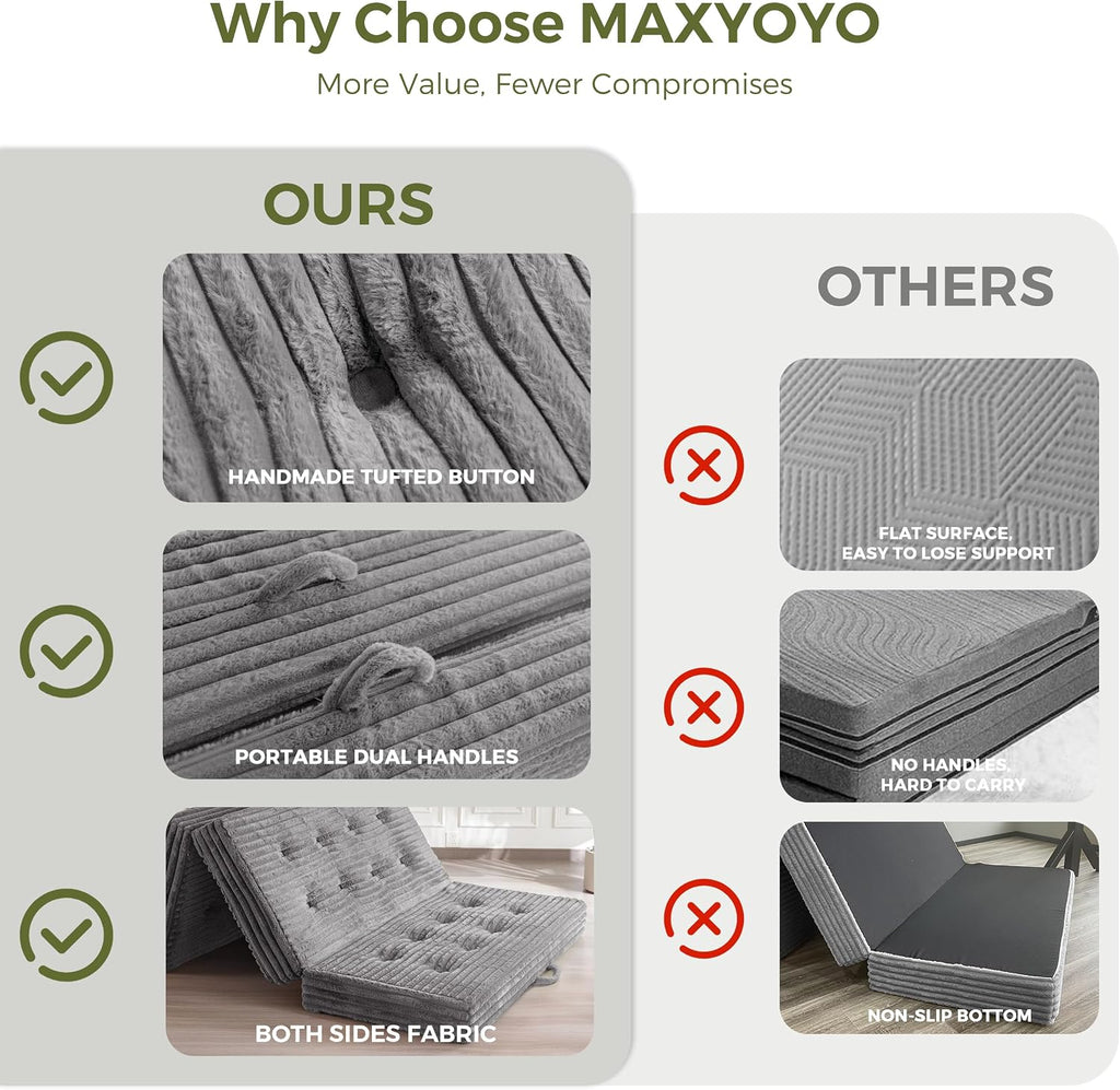 MAXYOYO Folding Sofa Couch Bed, 6 Inch Tri-Fold Floor Sofa Bed, Folding Mattress with Handles, Soft Faux Fur Folding Bed with Supportive Foam Filling, Portable Couch for Living Room, Full, Grey