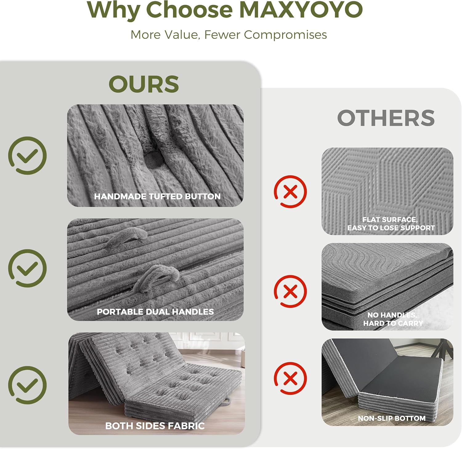 MAXYOYO Folding Sofa Couch Bed, 6 Inch Tri-Fold Floor Sofa Bed, Folding Mattress with Handles, Soft Faux Fur Folding Bed with Supportive Foam Filling, Portable Couch for Living Room, Full, Grey