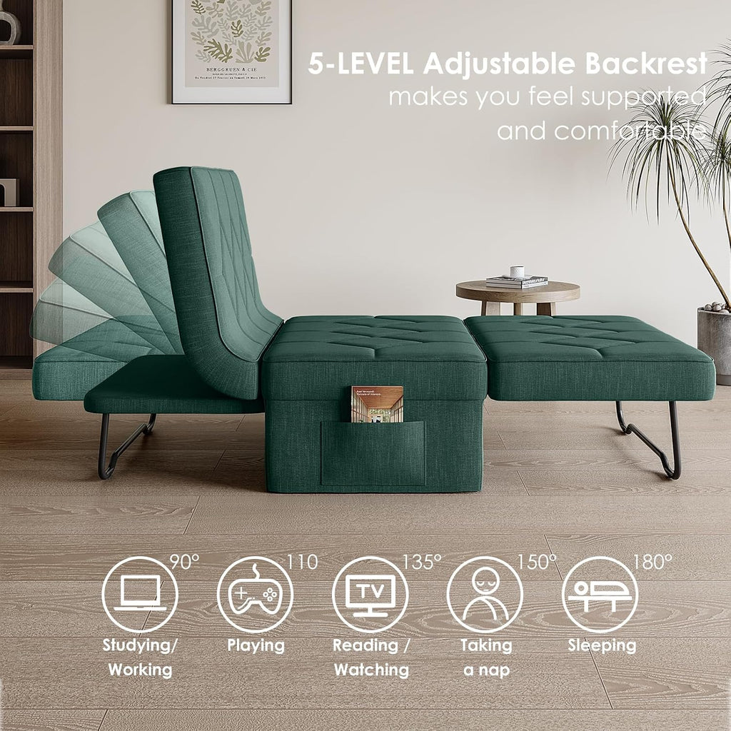 Ottoman Bed with 5-Level Adjustable Backrest, 74' D x 28' W 4-in-1 Convertible Sleeper Chair Bed, Folding Sofa Bed for Living Room, Apartment, Dorm & Small Space, Green