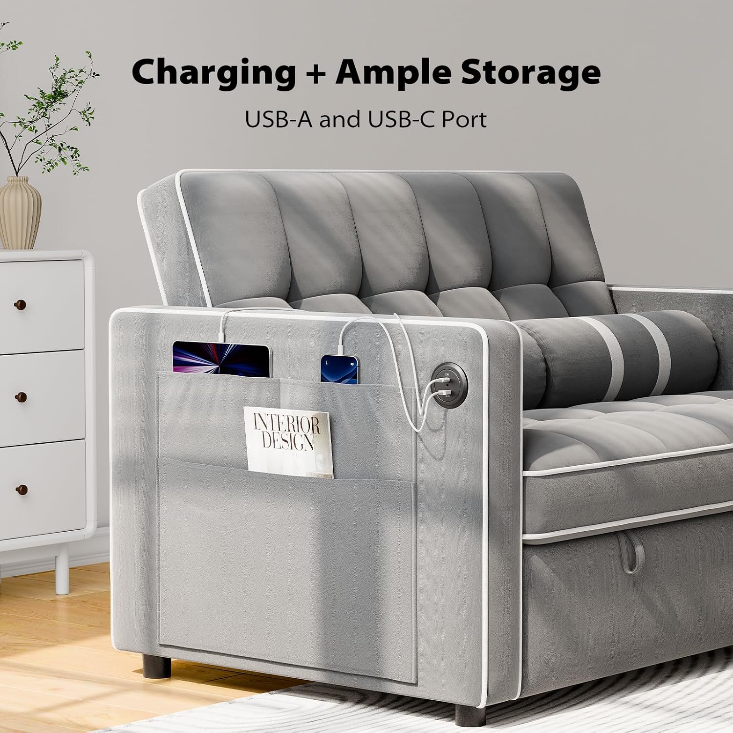 Pipishell 3 in 1 Convertible Sleeper Sofa Bed,Pull Out Couch for Living Room with USB Ports & Side Pockets,Adjustable Backrest,Velvet,Loveseat Sofa Bed,Futon Couches, Grey