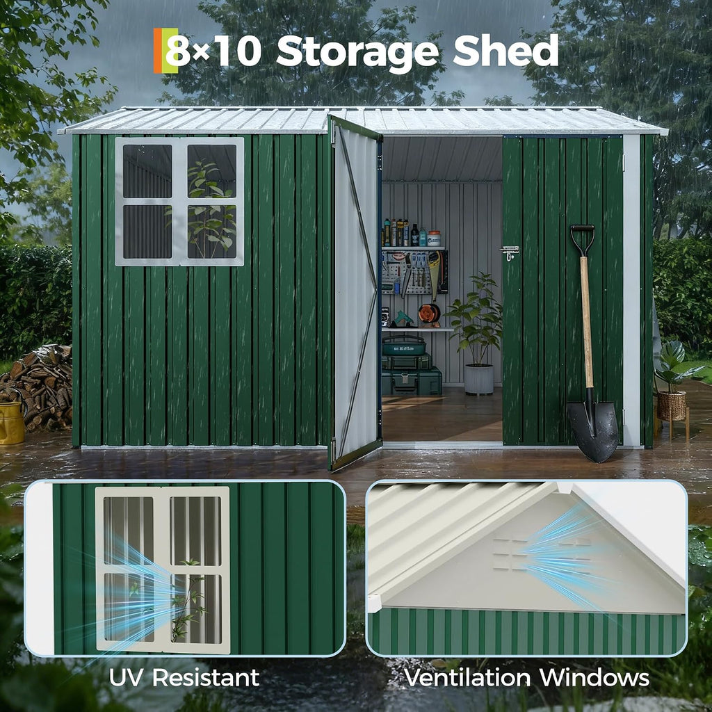 GarveeLife 8x10 FT Outdoor Storage Shed,450CU.T Metal Tool Shed with Clear Window, Lockable Doors,Large Garden Storage Box with Sloping Roof，Sheds&Outdoor Storage for Backyard Garden Patio Lawn, Green