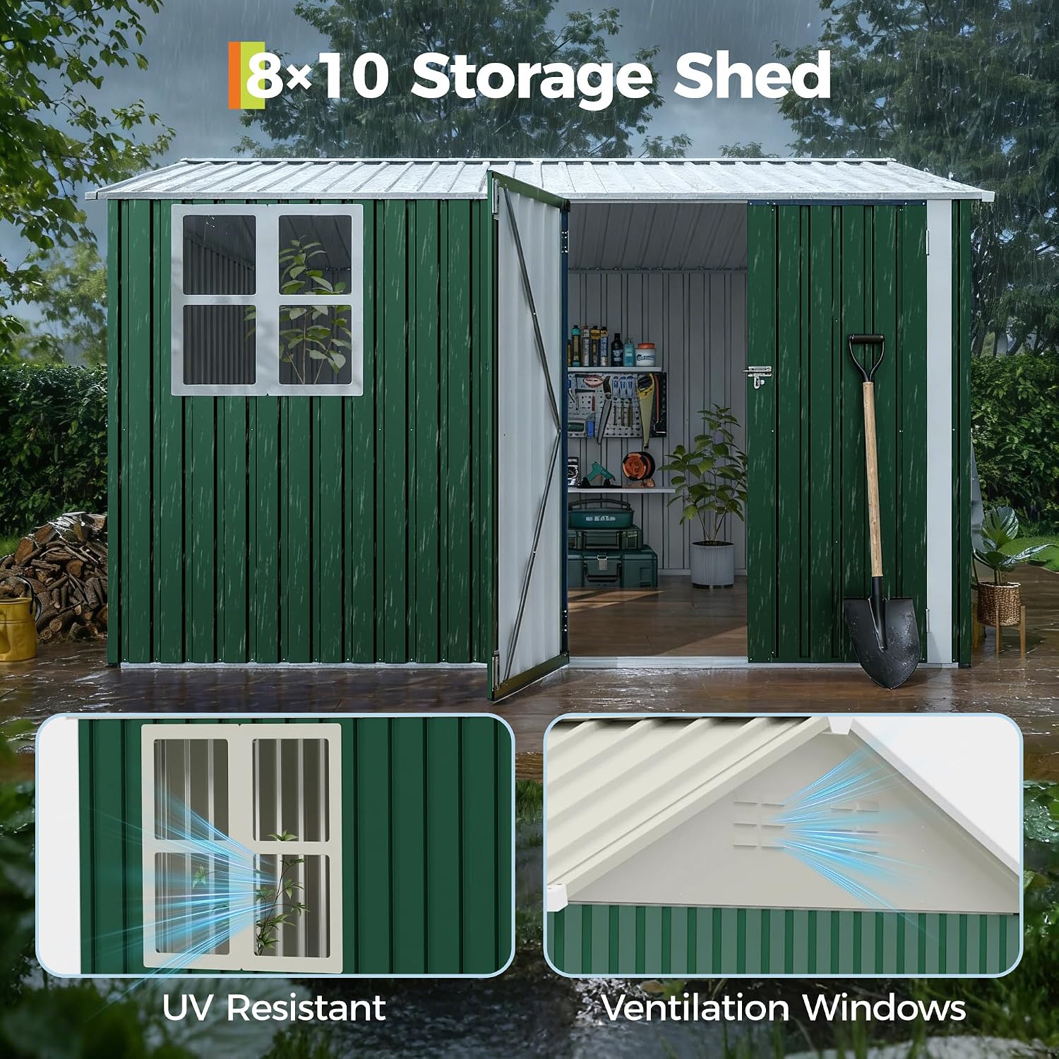 GarveeLife 8x10 FT Outdoor Storage Shed,450CU.T Metal Tool Shed with Clear Window, Lockable Doors,Large Garden Storage Box with Sloping Roof，Sheds&Outdoor Storage for Backyard Garden Patio Lawn, Green