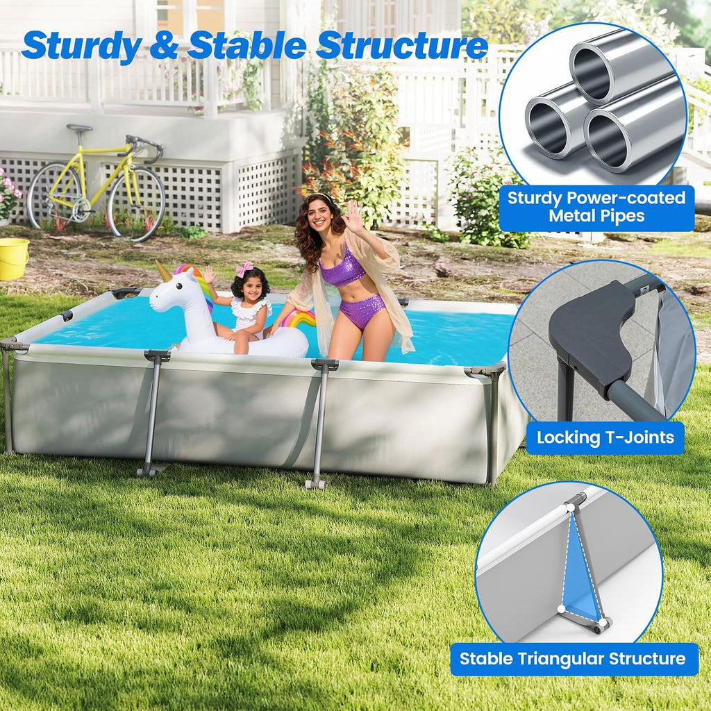 Goplus Above Ground Swimming Pool, 10'x6.8'x26'' Metal Frame Pool Set w/PVC Fabric, 3 Stoppers, Drainage Valve Connector, for Outdoor, Backyard, Garden, Patio (10' x 6.8' Rectangle, 978 Gal, Grey)