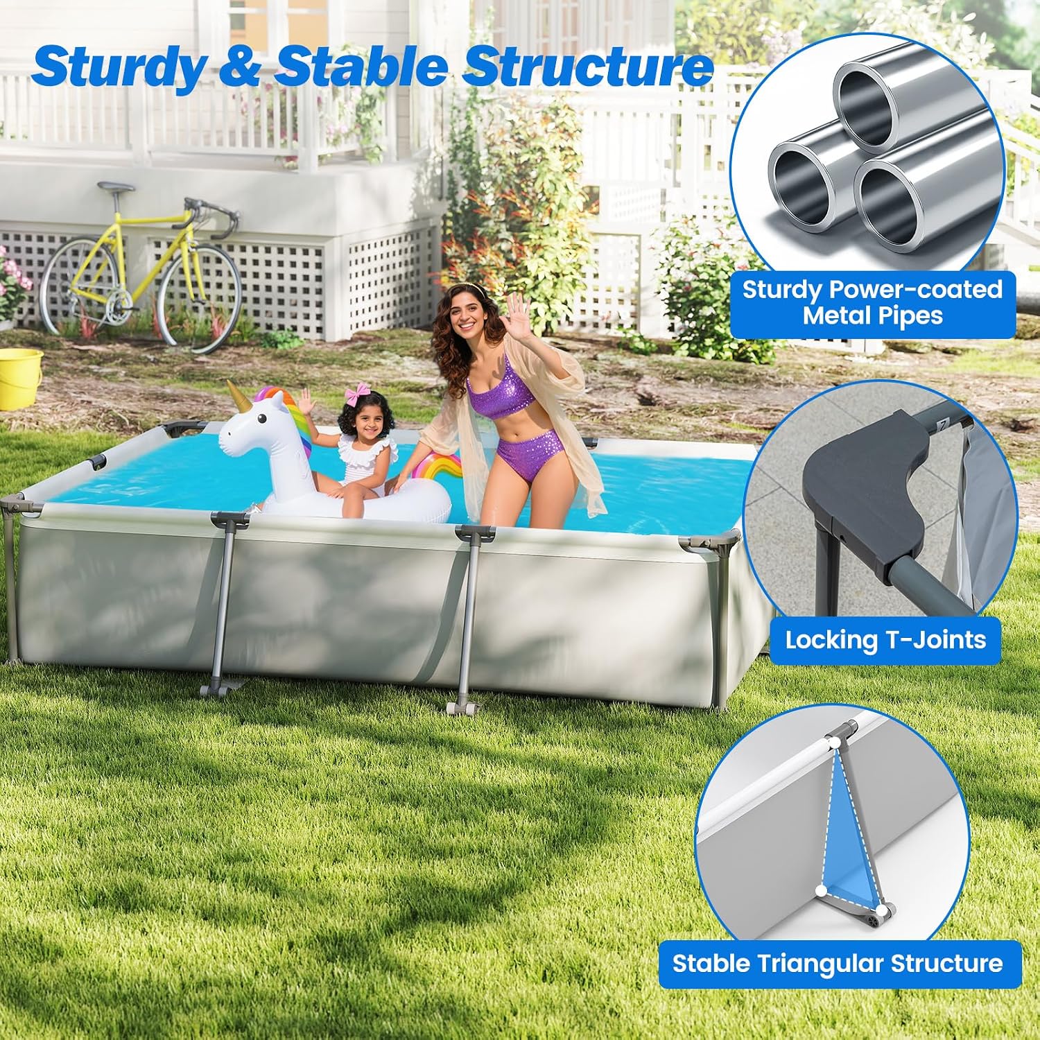 Goplus Above Ground Swimming Pool, 10'x6.8'x26'' Metal Frame Pool Set w/PVC Fabric, 3 Stoppers, Drainage Valve Connector, for Outdoor, Backyard, Garden, Patio (10' x 6.8' Rectangle, 978 Gal, Grey)