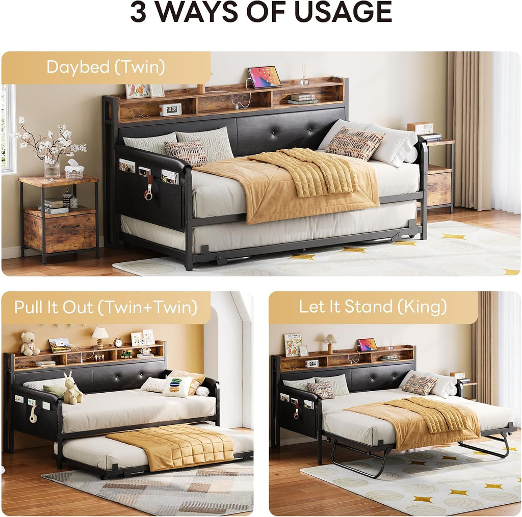LIKIMIO Daybed with Trundle, Twin Bed Frame with Upholstered Headboard and Charging Station, Sofa Day Bed with Strong Supports for Living Room, Bedroom and Guest Room, Dark Black