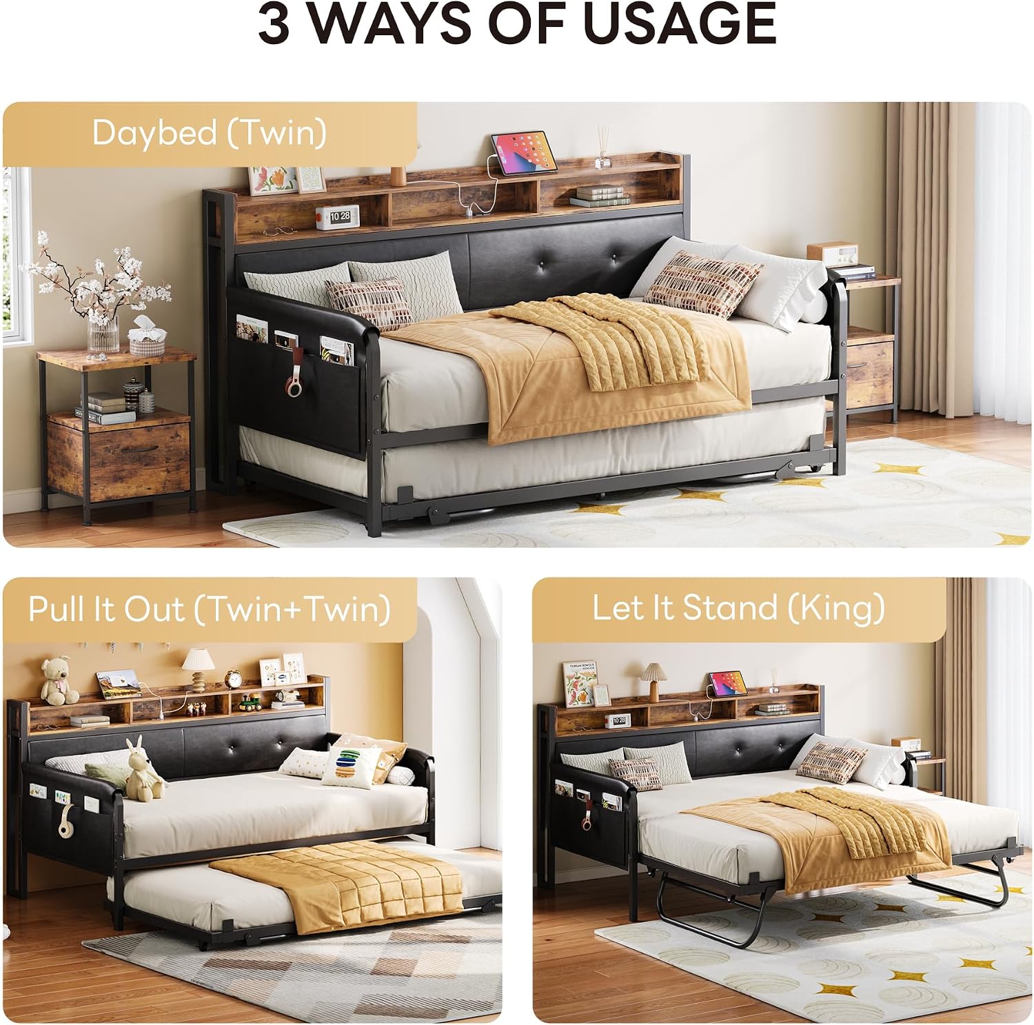 LIKIMIO Daybed with Trundle, Twin Bed Frame with Upholstered Headboard and Charging Station, Sofa Day Bed with Strong Supports for Living Room, Bedroom and Guest Room, Dark Black