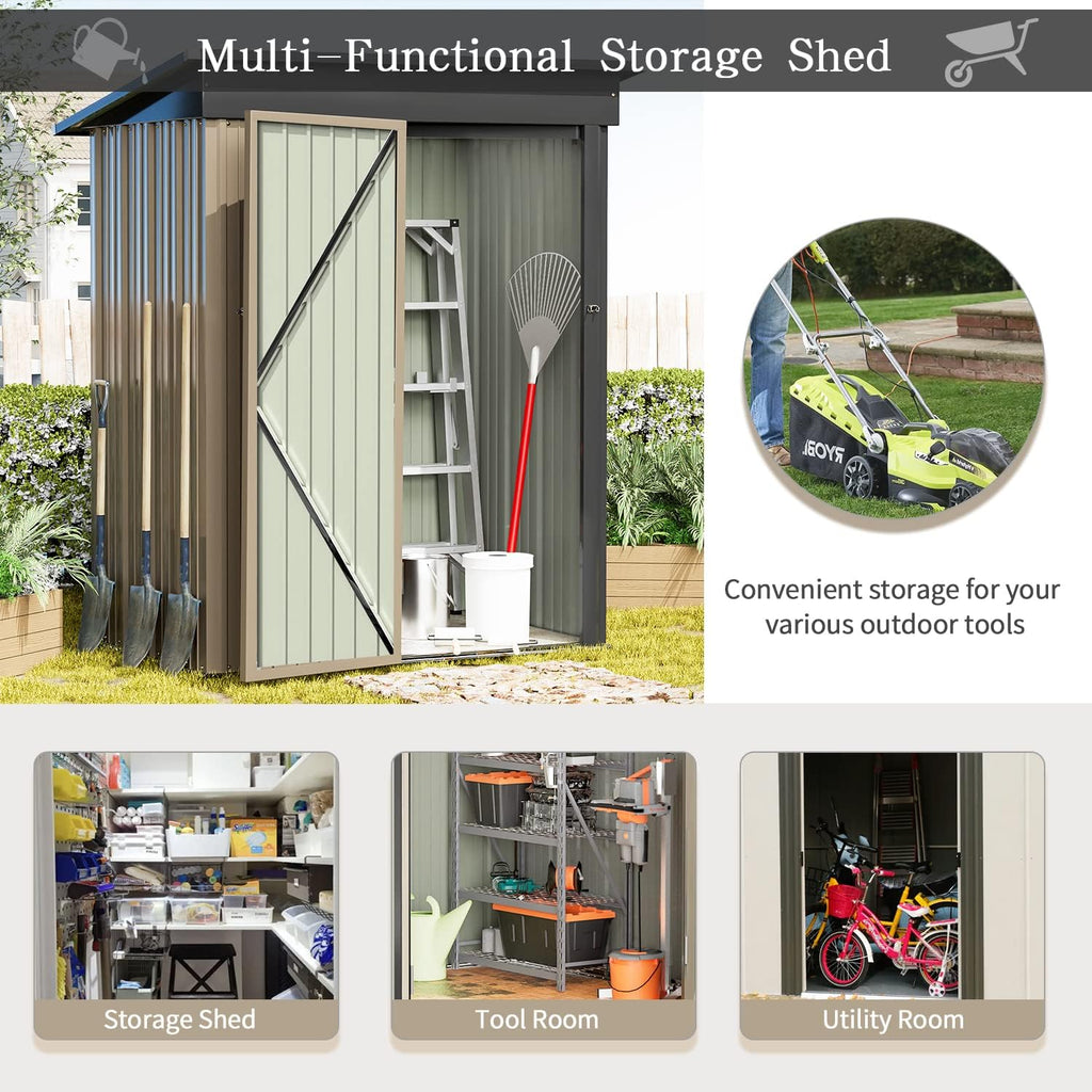 Greesum Metal Outdoor Storage Shed 5FT x 3FT, Steel Utility Tool Shed Storage House with Door & Lock, Metal Sheds Outdoor Storage for Backyard Garden Patio Lawn (5' x 3'), Light Brown