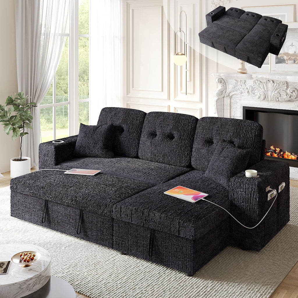 90 Inch Sleeper Sofa Bed, 4 in 1 Pull Out Couch Bed with Adjustable Backrest | Reversible Storage Chaise | Wide Armrest | Tool Free Assembly, Sectional Couches for Living Room, Black Chenille