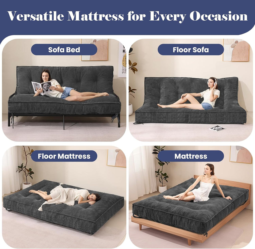 JUIKURY 8' Futon Mattress Queen Size, Thick Futons Sofa Couch Bed Sleeper Sofa Bed, Floor Mattress for Adults, Roll Up Folding Mattres Shredded Foam Filling, Medium Firm(Frame Not Included)