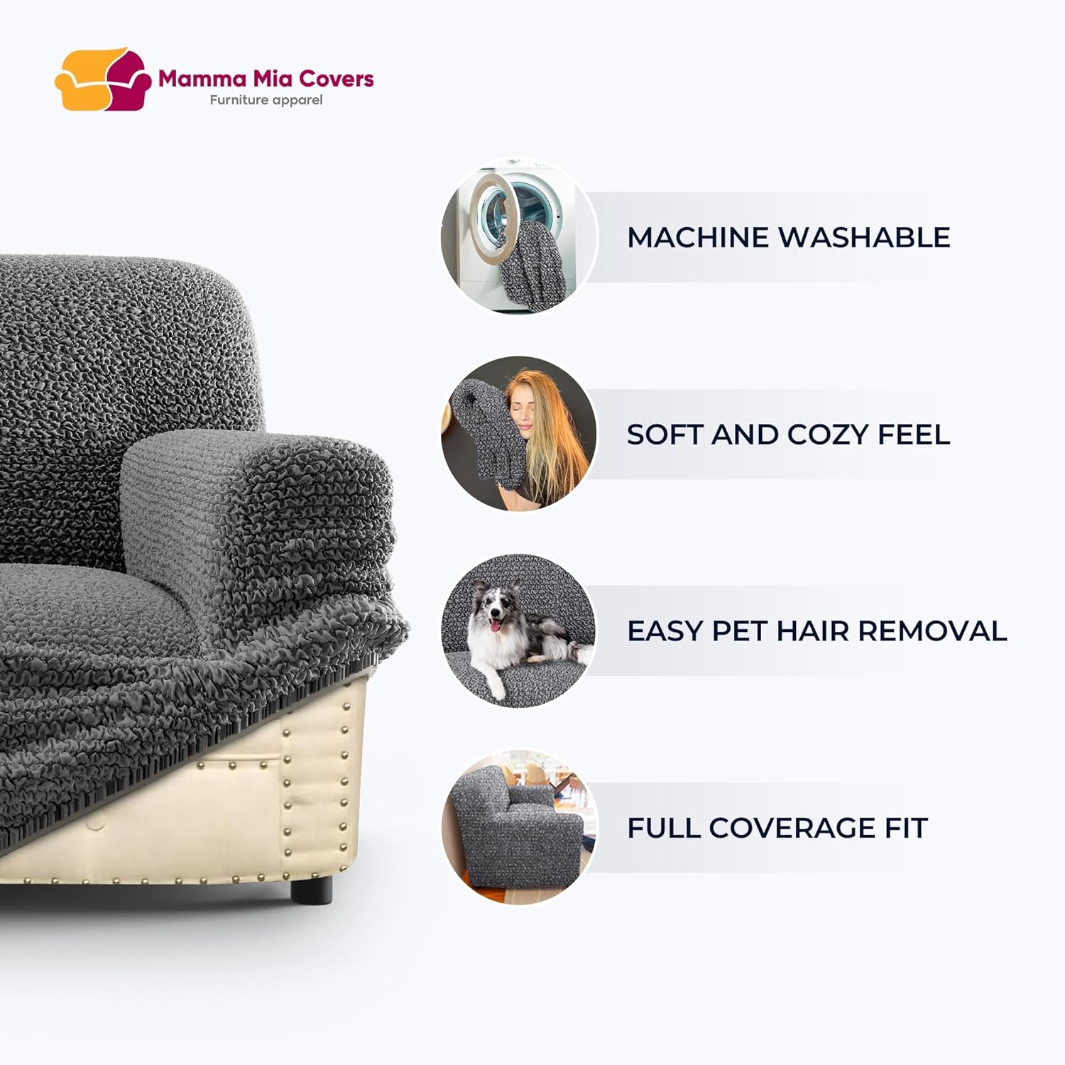 PAULATO BY GA.I.CO. Sofa Slipcover - Stretch Couch Cover - Stylish Cushion Sofa Cover - Soft Fabric Slip Cover - 1-Piece Form Fit Washable Protector for Pet - Microfibra Collection - Ash