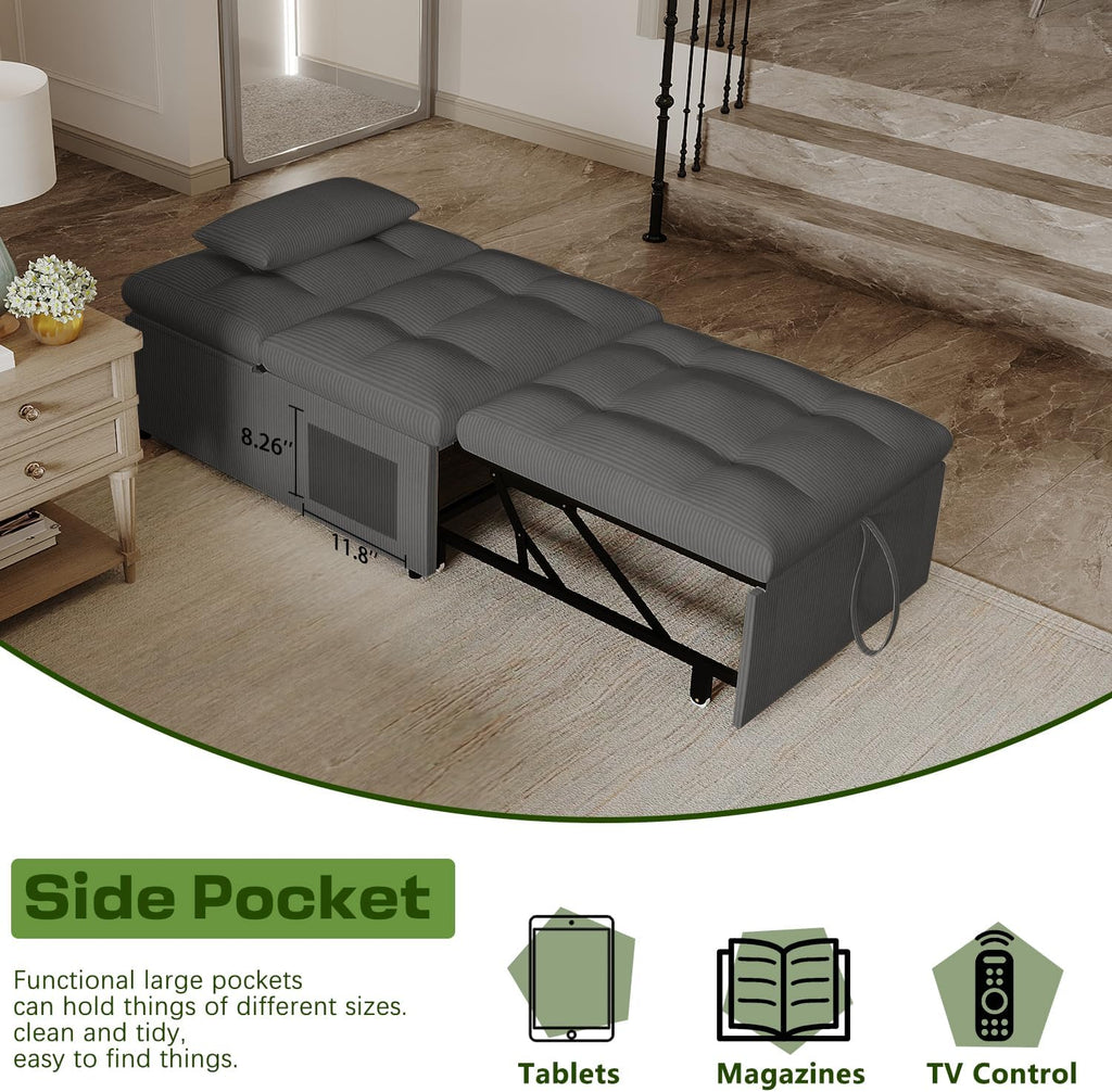 4-in-1 Convertible Sleeper Chair Bed with Adjustable Backrest Pillows Futon Sofa Bed with Side Pocket Sleeper Sofa Chair Pull Out Couches for Living Room Small Space, Charcoal